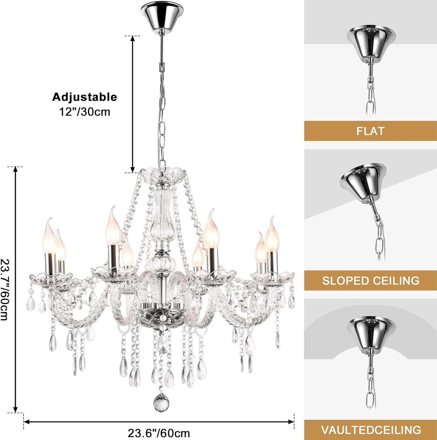 Modern Elegant 8 Lights K9 Crystal Glass Chandelier Pendant Ceiling Lighting European Style for Dining Living Room Bedroom Transparent, 8 E12 Bulbs Required