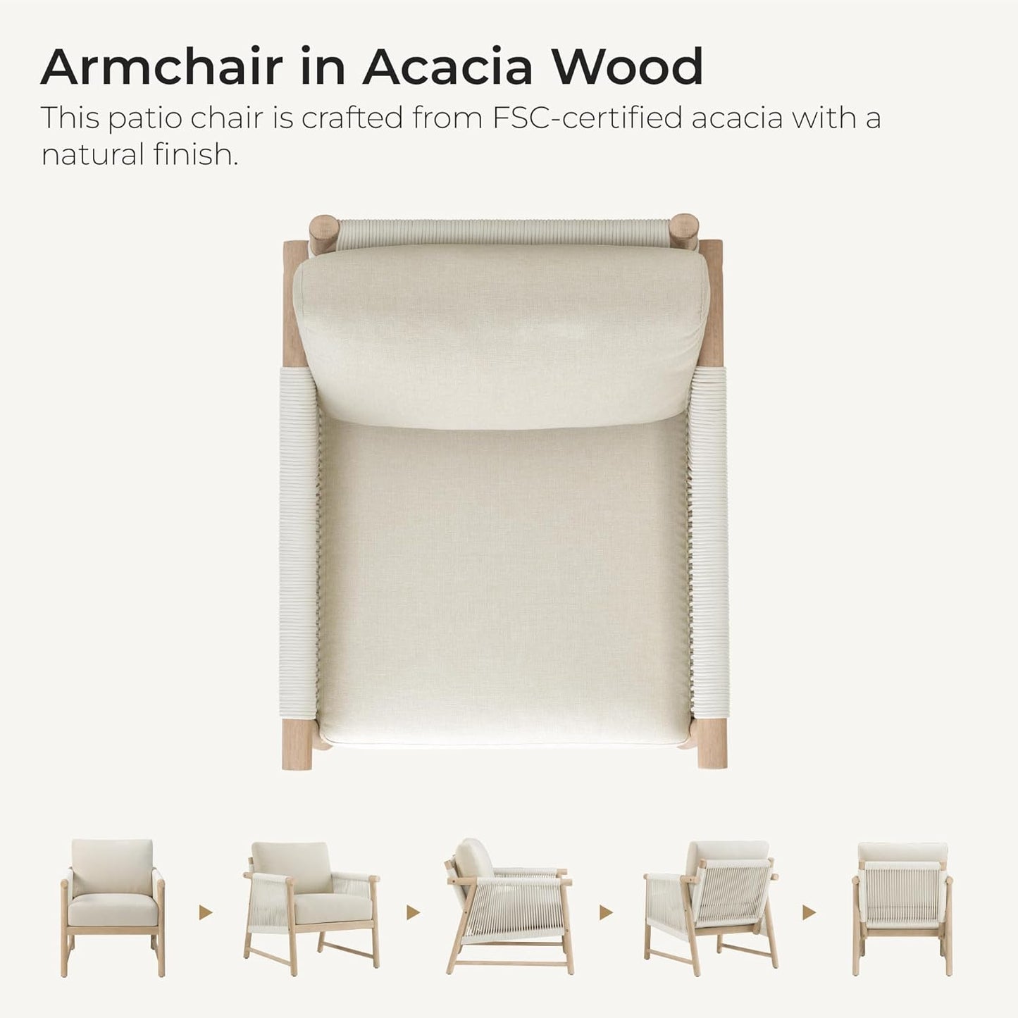 CHITA Boho Patio Rattan Chair, Outdoor Wicker Chair with 7.1″ Thickened Cushions Acacia Wood Frame(Cream)