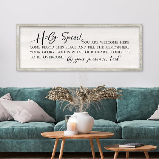 Holy Spirit You are Welcome Here Wall Decor Art 40x15 Inch Large Christian Song Bible Verse Plaque Wood Framed Sign Living Room Scripture Quote Religious For Office Wall Hanging (White)