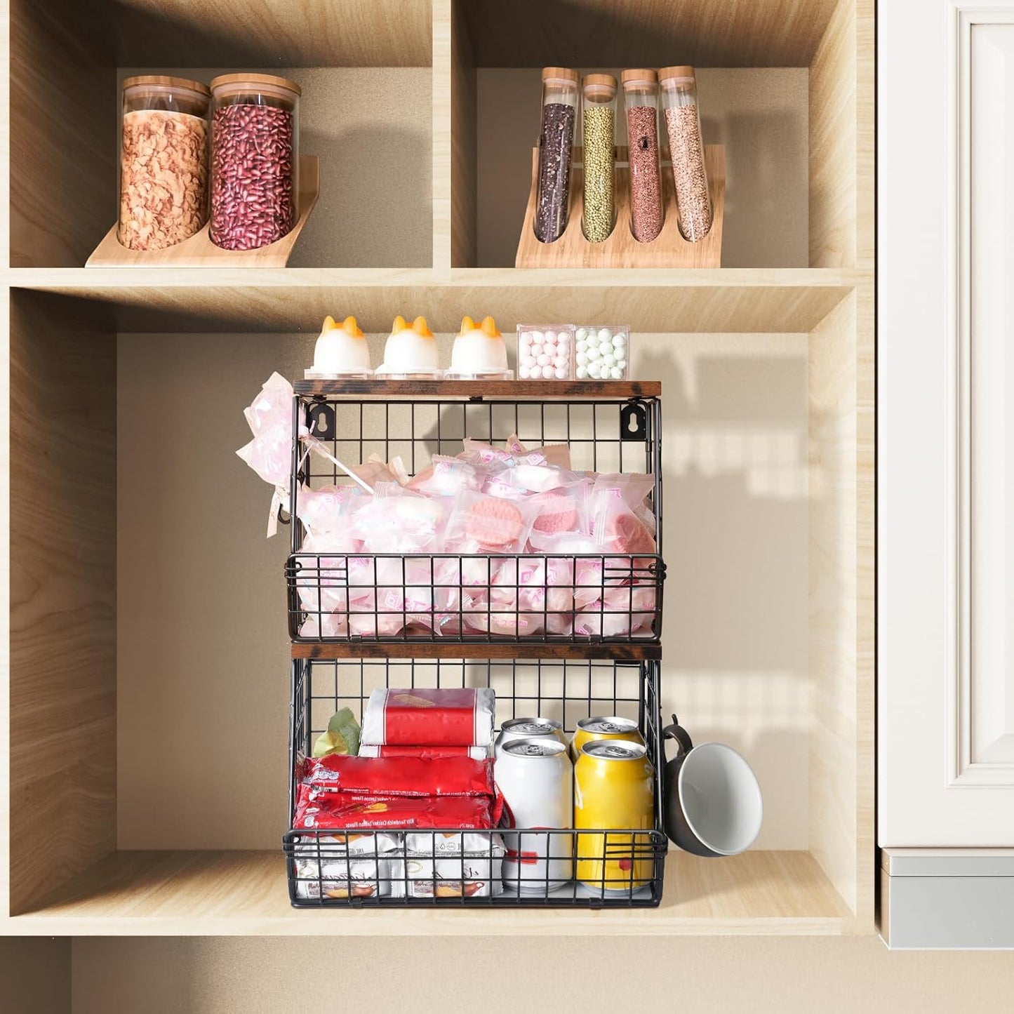 2pcs Fruit Basket Kitchen Storage Basket with Wood Lid, Stackable Wall Basket Fruit Basket for Kitchen, Countertop Organizer for Snack, Fruit and Veggie Storage, 11.8 x 7.9 x 8.5 Inch