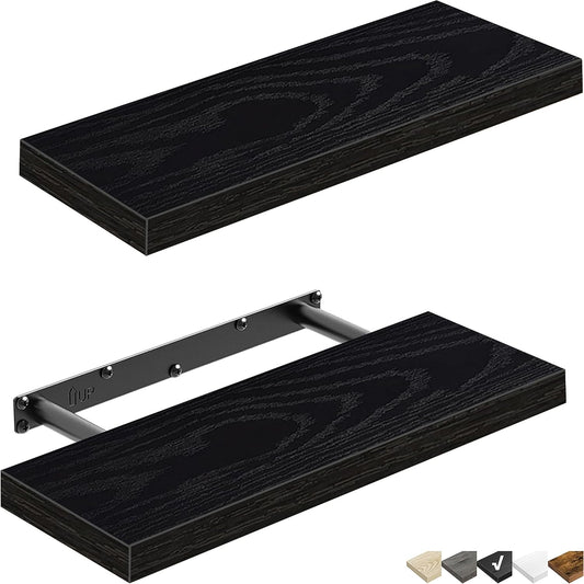 QEEIG Floating Shelves for Wall Bathroom Shelf Bedroom Kitchen Living Room Farmhouse Small Book Shelf 16 inch Set of 2, Black (015-B2)