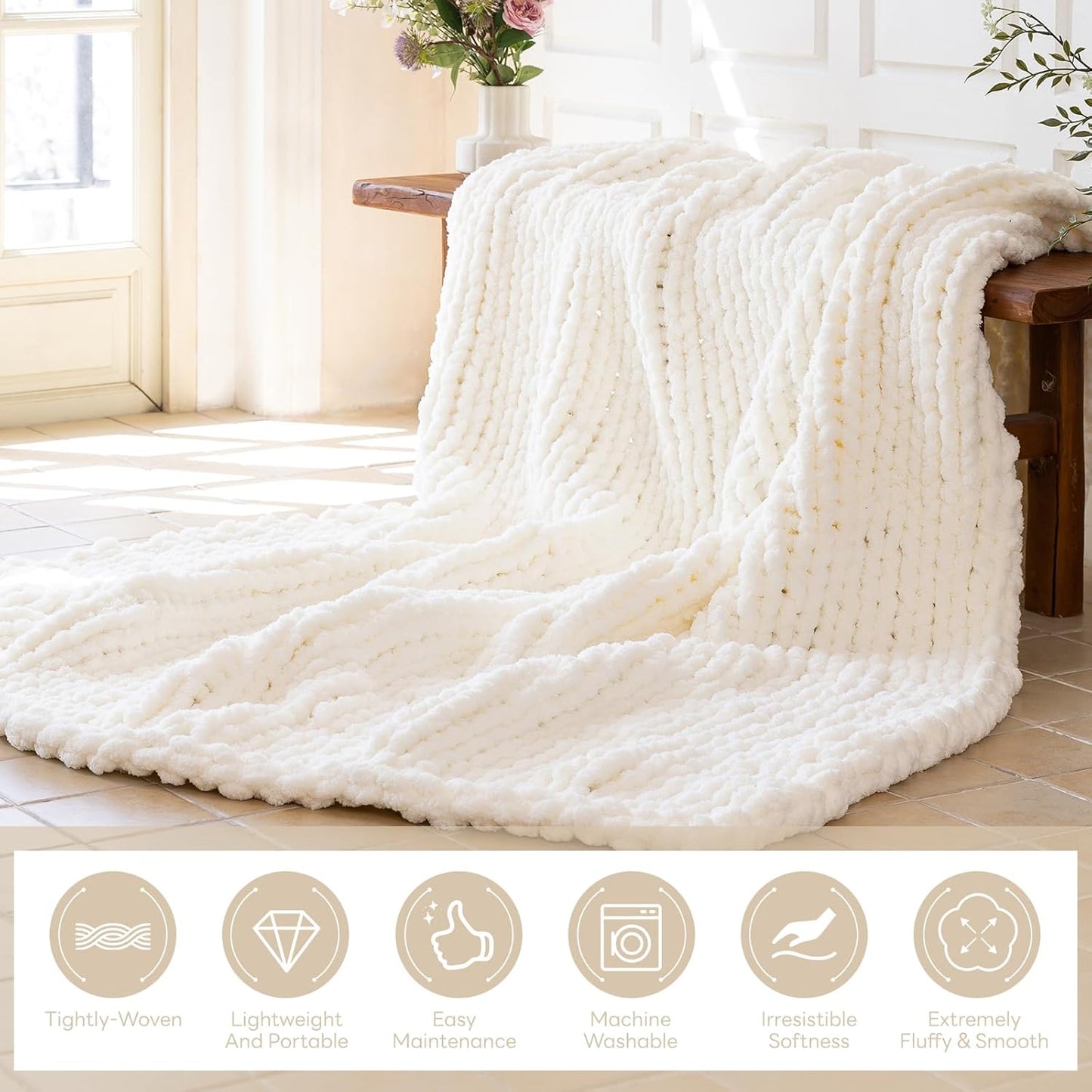 Chunky Knit Blanket - Luxury Soft Cozy 60 * 80 Throw Blanket,100% Woven Blanket Rope Knot Throw Blanket for Couch, Sofa, Home Decor, Gift - Machine Washable（Milk White）