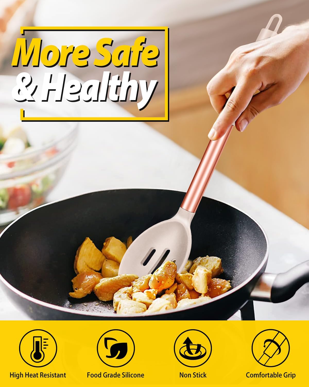 Pack of 2 Large Silicone Cooking Spoons,Non Stick Solid Basting Spoon,Heat-Resistant Kitchen Utensils for Mixing,Serving,Draining,Stirring (ROSE GOLD KHAKI)