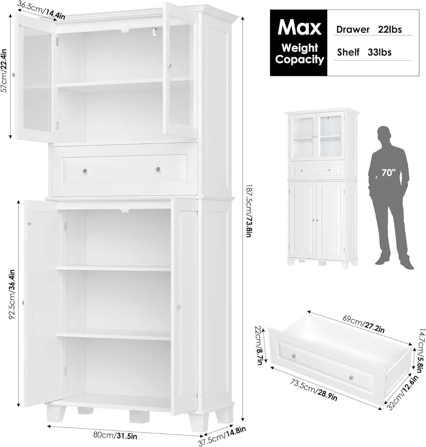 76'' Kitchen Pantry Storage Cabinet, Freestanding Kitchen Cupboard with Large Drawer, Doors, and Adjustable Shelves, Bathroom Storage Cabinet for Dining Room, Living Room, Laundry, White