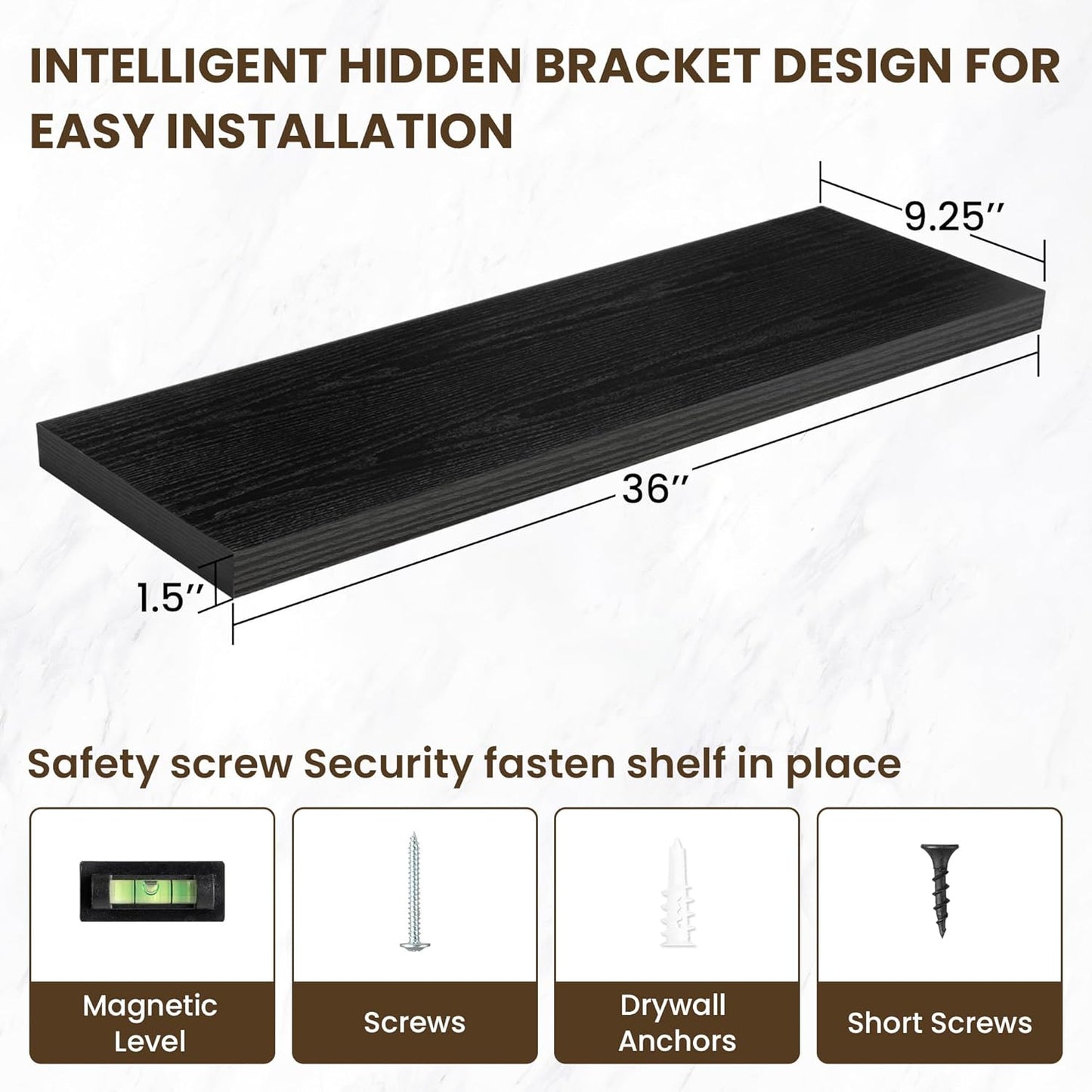 36 Inch Floating Shelves, 36"x9.25"x1.5" Inch Deep Floating Shelves for Wall, Wooden Shelves for Bathroom, Bedroom, Living Room, Black