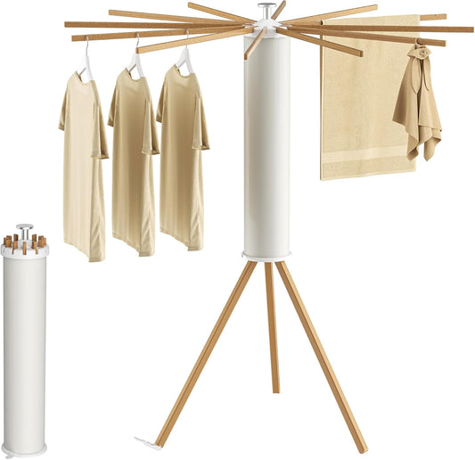 Tripod Clothes Drying Rack, Garment Rack Portable and Foldable Space Saving Laundry Drying Rack - Dryer Rack Clothing Floor Folding Balcony Bedroom Household (Beige(Wood), 12 rods)