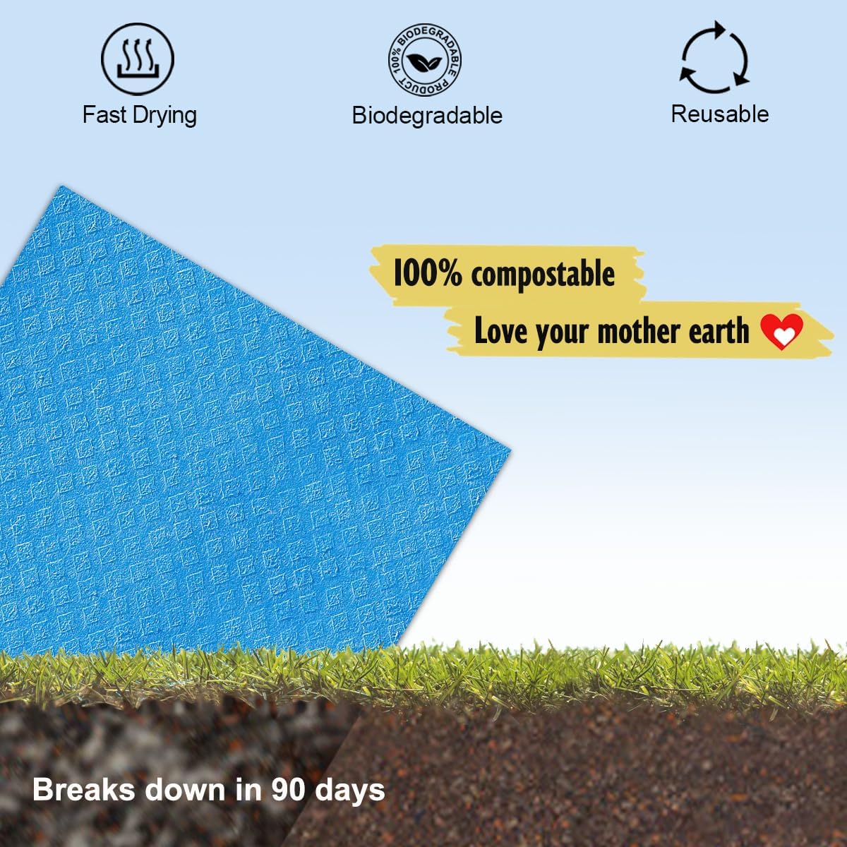 Swedish Dishcloths - 10 Pack Reusable Kitchen Dishcloths - Ultra Absorbent Dish Towels for Washing Dishes - Cellulose Sponge Cloth Cleaning Cloths - Blue
