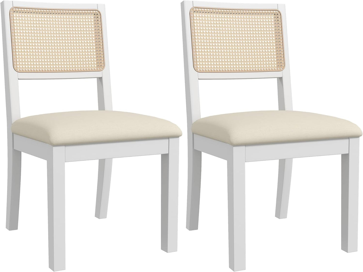 Westice Rattan Dining Chairs Set of 2, Farmhouse Natural Dining Room Chairs with Upholstered Cushion, Wood Armless Chairs for Kitchen/Restaurant, White
