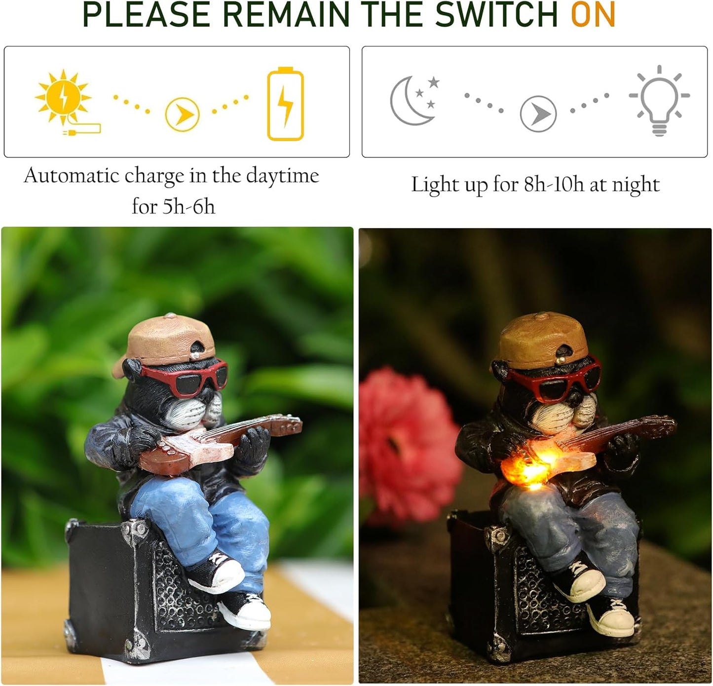 Solar Dog Outdoor Statues Figurine for Garden Decorations, Whimsical Outside Decor with Guitar Clearance for Patio Balcony Yard Lawn Ornament,Unique Garden Birthday Gifts Statues for Mom Women