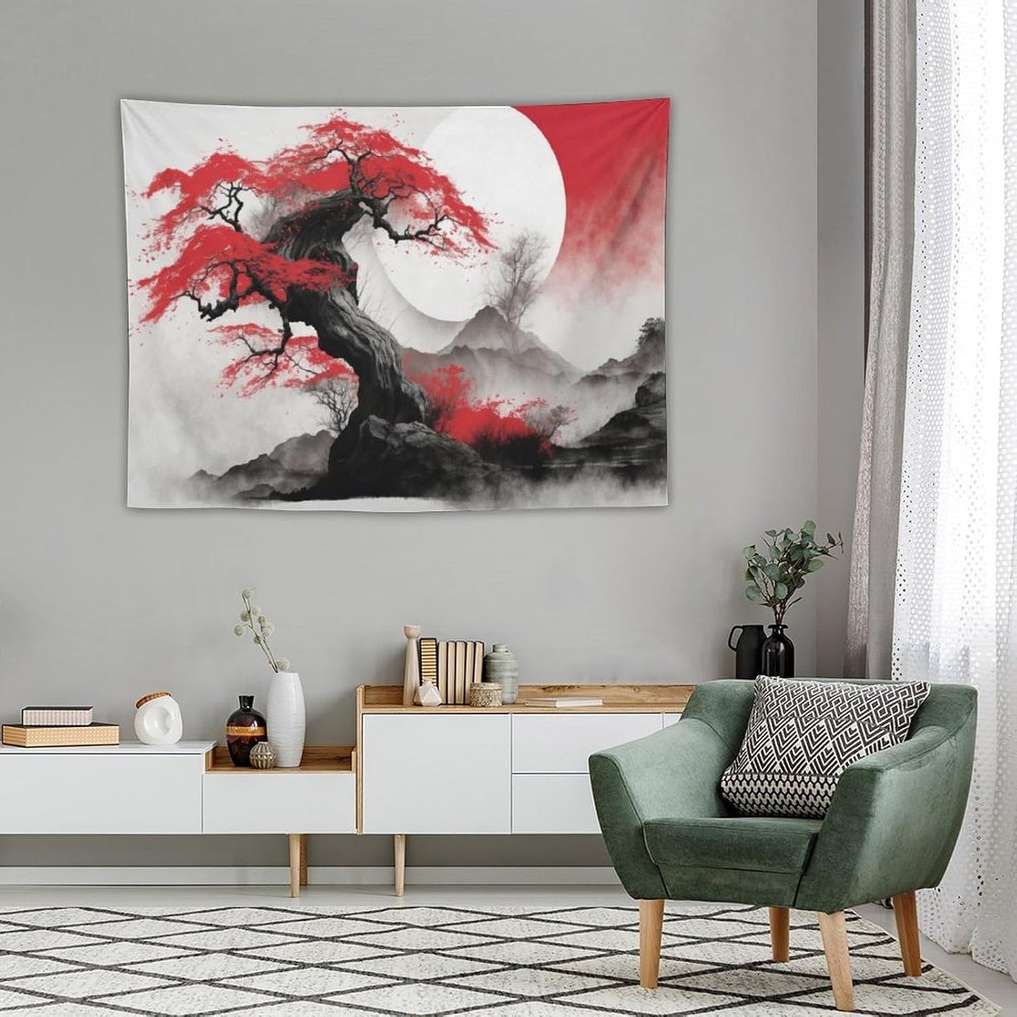 Cherry Blossoms Tapestry, Japanese Red Landscape Asian Abstract Art, Bedroom Living Room Decor 40"x30"