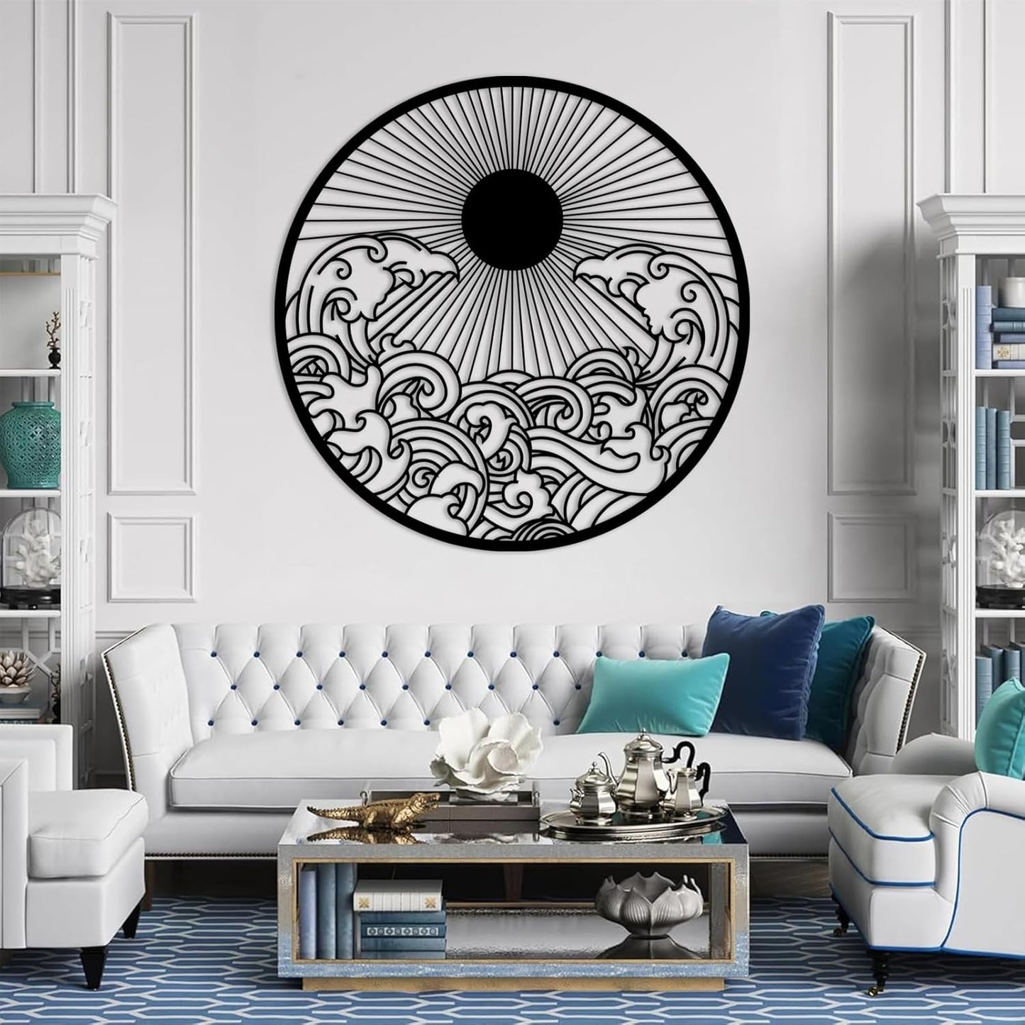 flyoak Metal Sun Wall Decor Outdoor, Sunrise Metal Wall Art, Metal Wave Wall Art, Sunrise and Wave Wall Decor, Sunburst Wall Art, Sunset Wall Art, Wall Hangings for Bedroom (White, 24x24in|60x60cm)