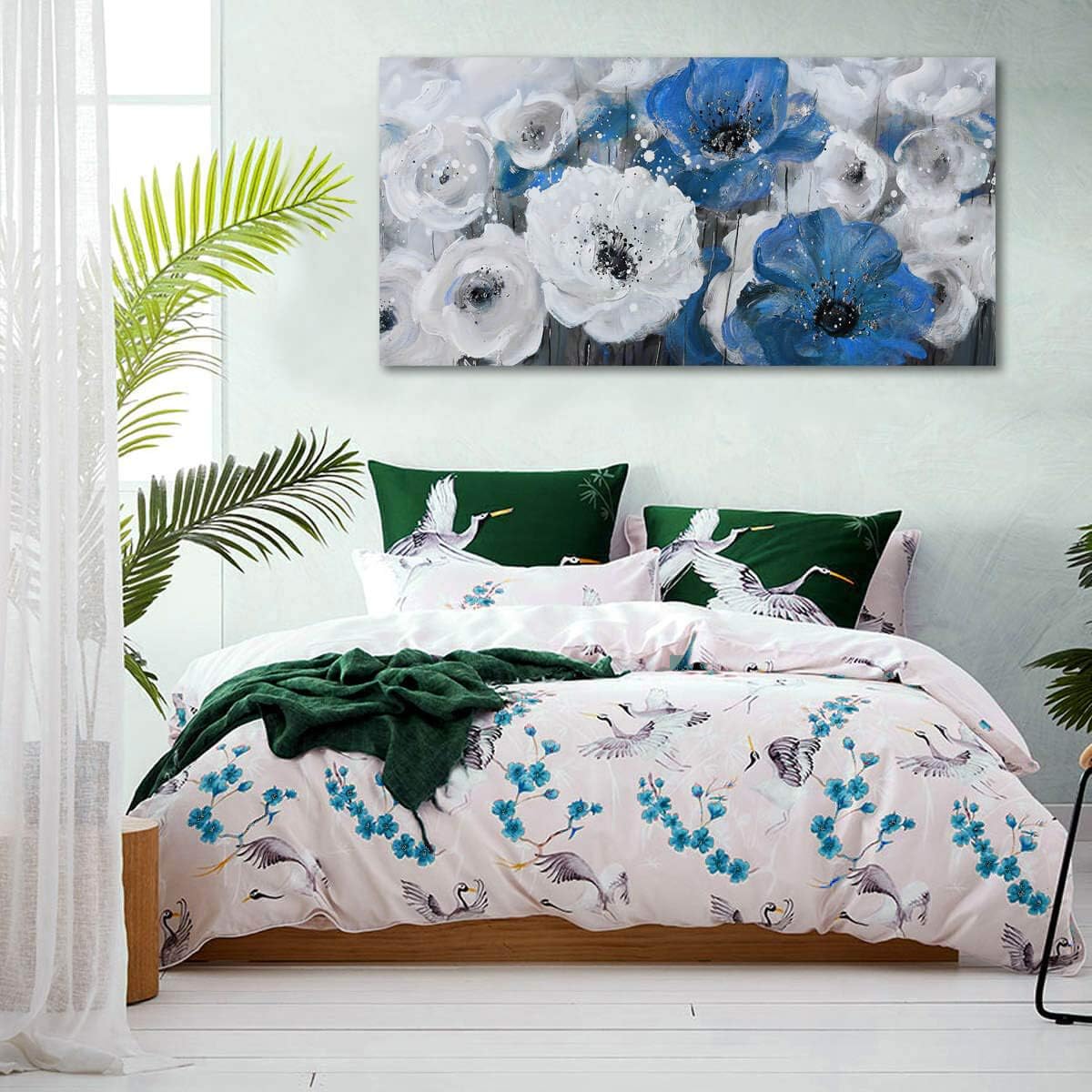 Mofutinpo Large Flower Painting Wall Art, 24x48, Modern Home Decor, Living Room Wall Decorations, White Blue Flower Prints Artwork, Waterproof UV Resistant Canvas, Wall Art for Bedroom