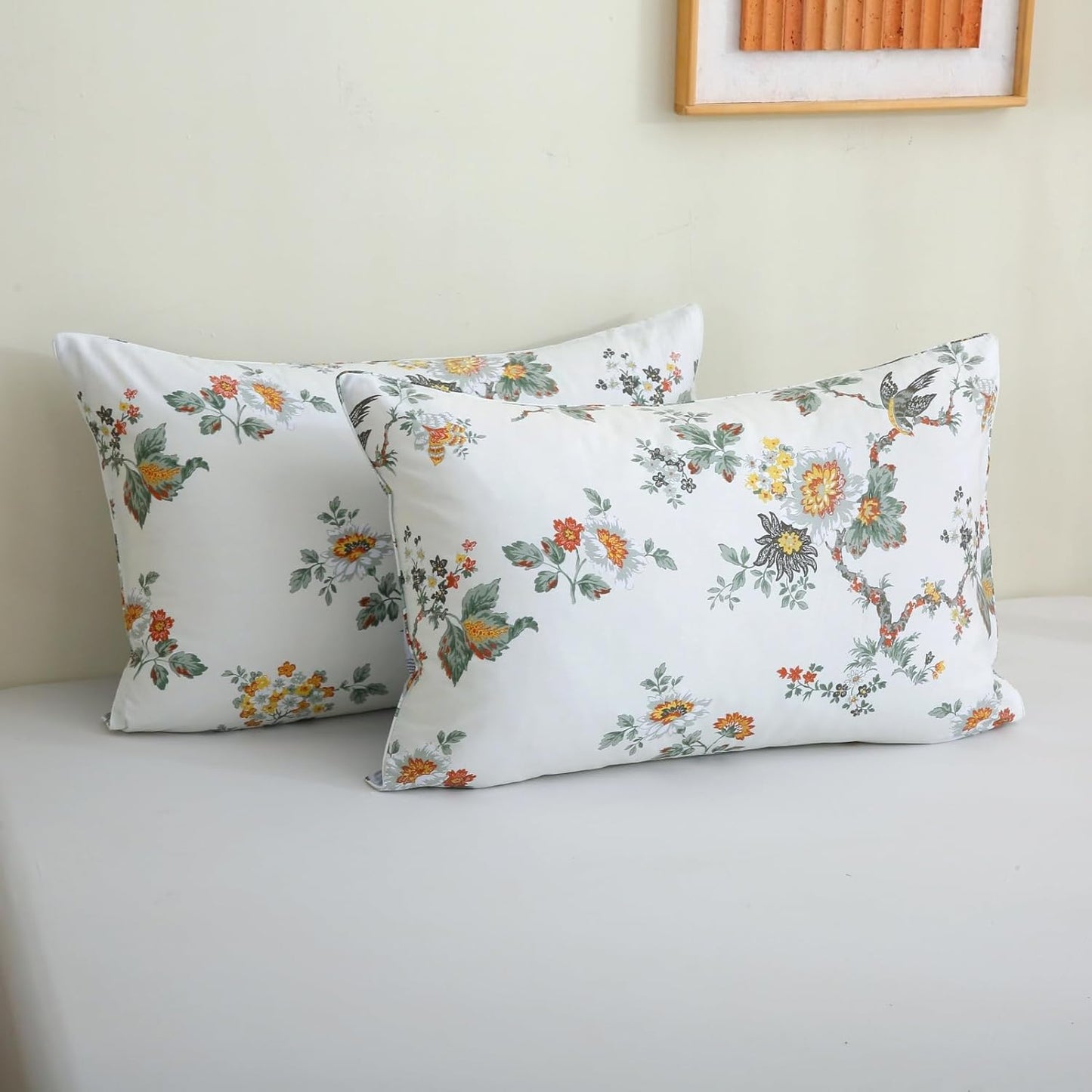 ABREEZE Floral Duvet Cover King Size Set Bird Flowers Bedding Set 100% Brushed Cotton Bedding Collection 1 Duvet Cover with 2 Pillowcases White