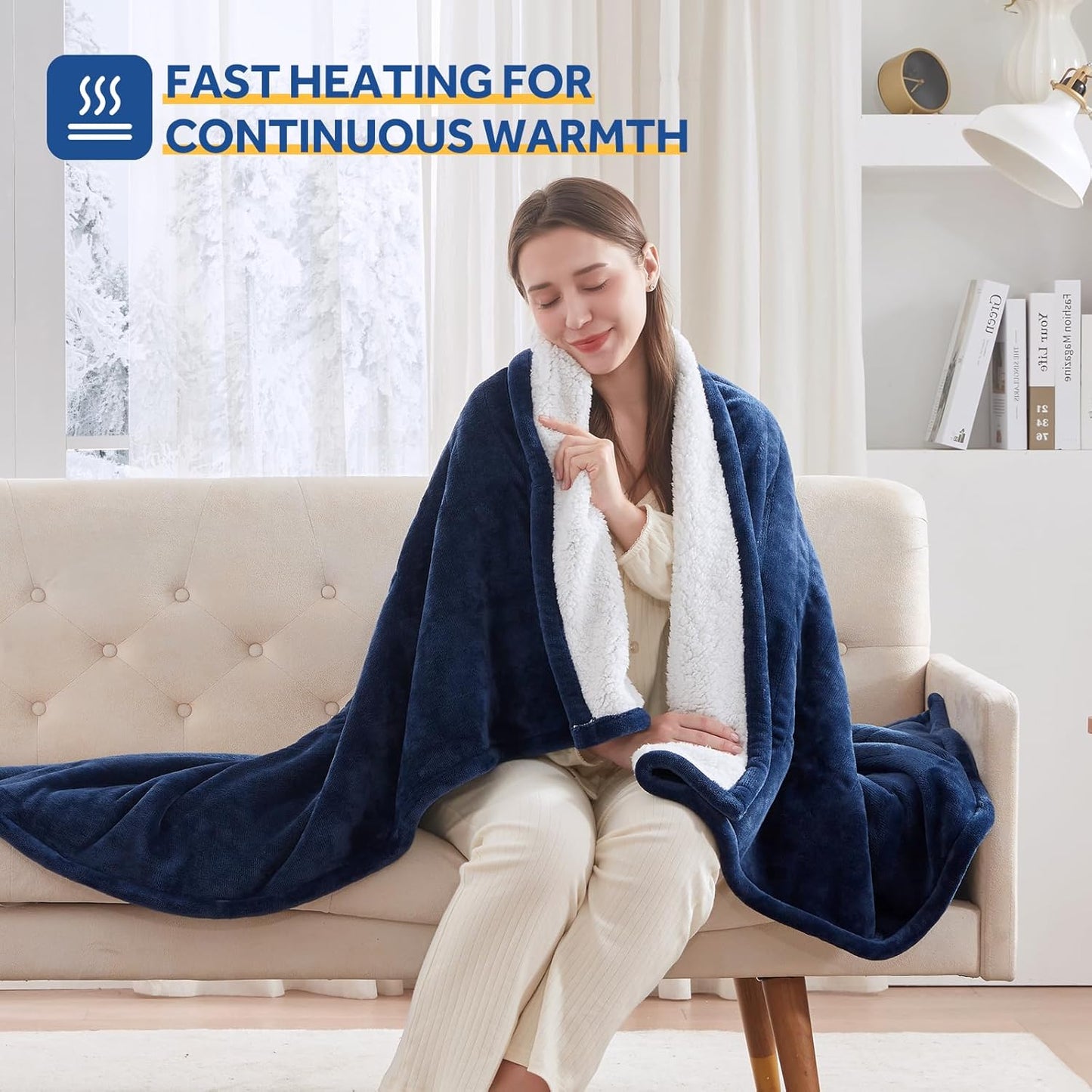 Sealy Electric Blanket Throw Size 50"*60",Super Cozy Flannel to Sherpa Reversible Heated Blanket Throw with 6 Heating Levels & 2-10 Hours Auto Off Overheating Protection Machine Washable,Navy