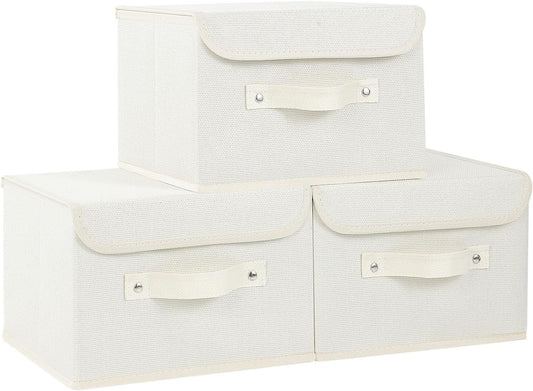 Fabric Storage Bins Cube Organizers with Flip-Top Lid and Handles,Storage Boxes for Organizing Home,Office,and Closet,Beige,3 Pack 10.2 X 7.9 X 6.7 in