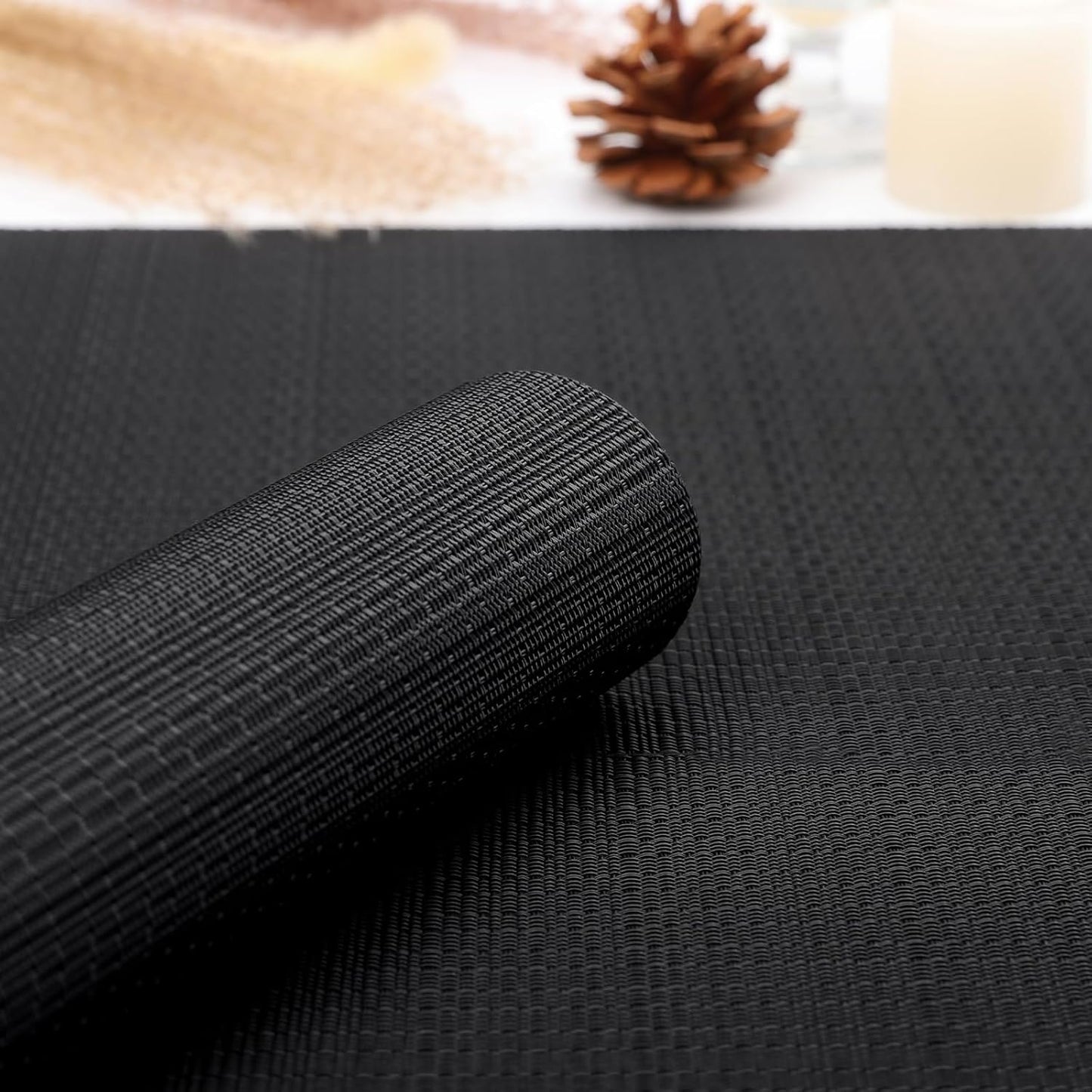 Myir JUN Placemats Set of 8, Vinyl Woven Placemats Place Mats Indoor Set of 8 Washable Table Mats Non-Slip Place mats for Dining Table (Black, Set of 8)