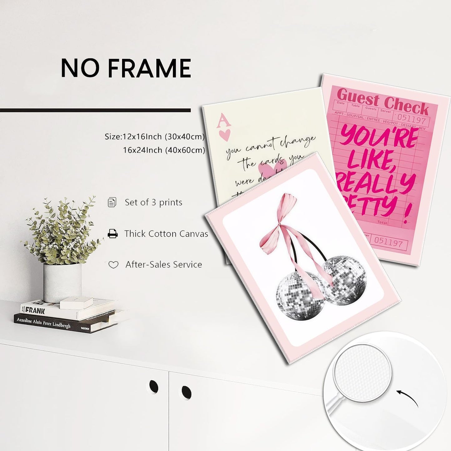 Pink Preppy Wall Art Framed Set of 3 Trendy Coquette Disco Cherry Posters Retro Guest Check Canvas Prints Poker Painting Positive Quote Pictures Room Decor Aesthetic for Girls Bedroom Dorm 16x24in