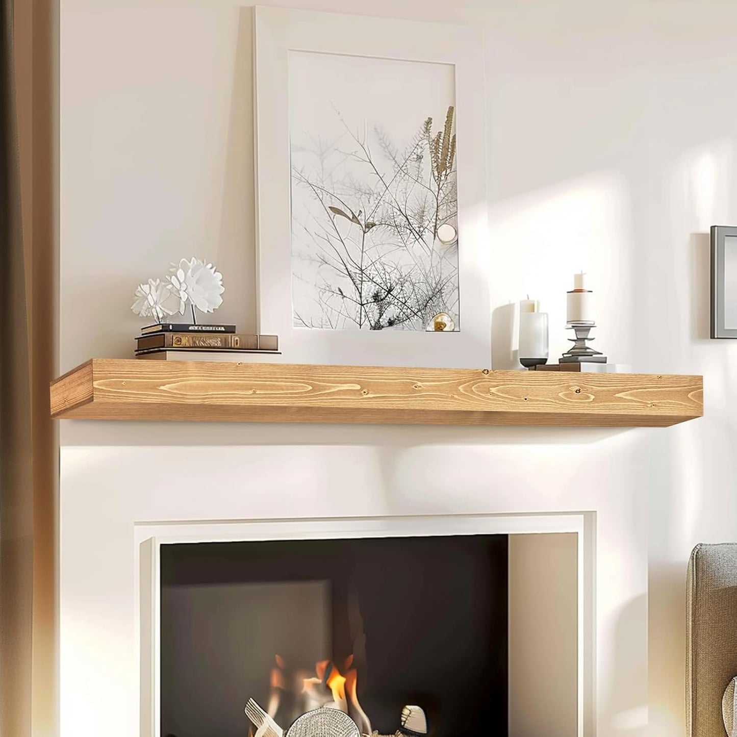 60x8x3 Fireplace Mantel - Handcrafted Hollow Rustic Solid Wood Wall Mounted Floating Shelf with Invisible Heavy Duty Wood Bracket (Natural Wood)