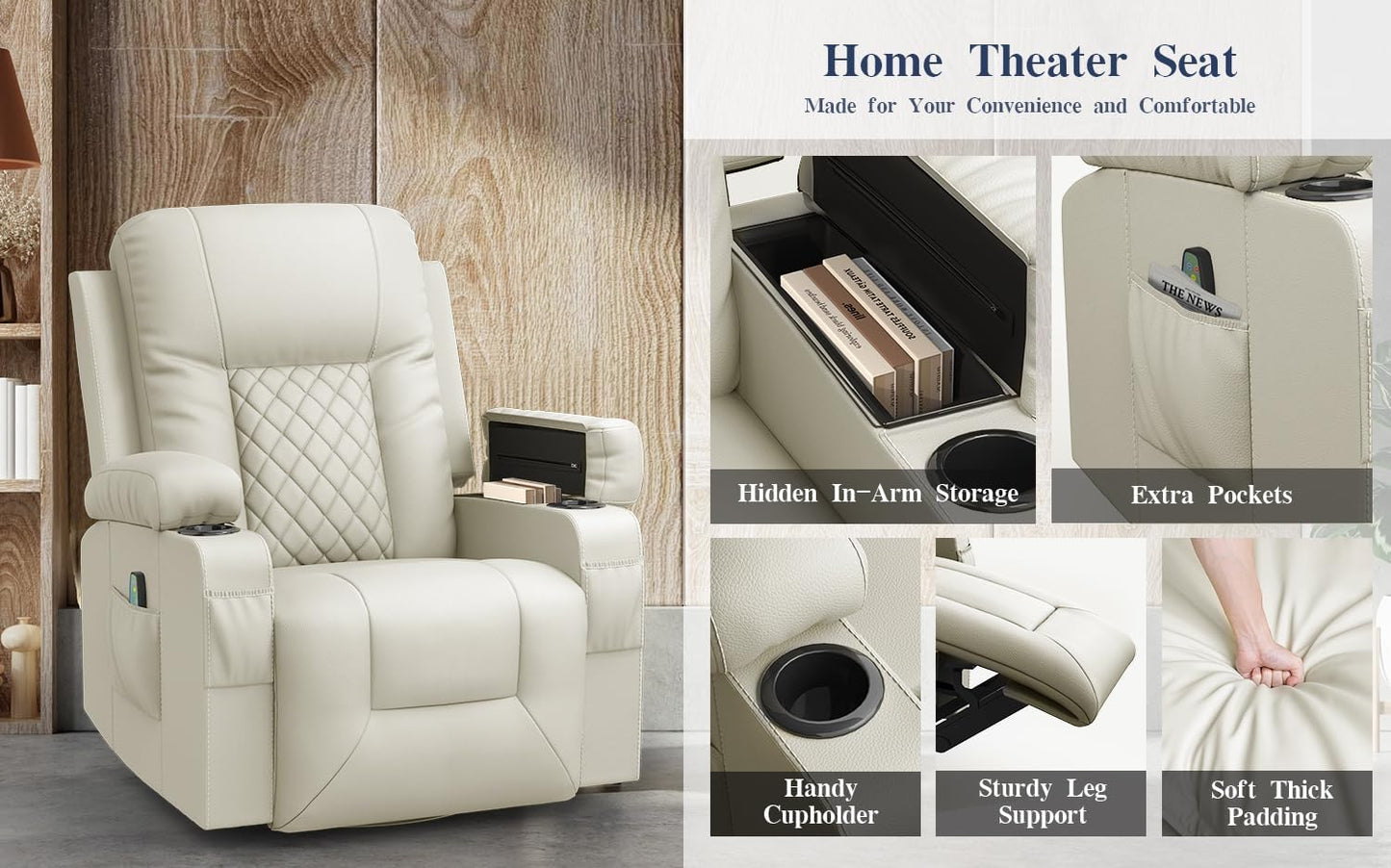 Recliner Chairs for Adults, Massage Rocker with Heated Modern Ergonomic Lounge 360 Degree Swivel Single Sofa Seat Living Room Lounge Recliners Ivory White