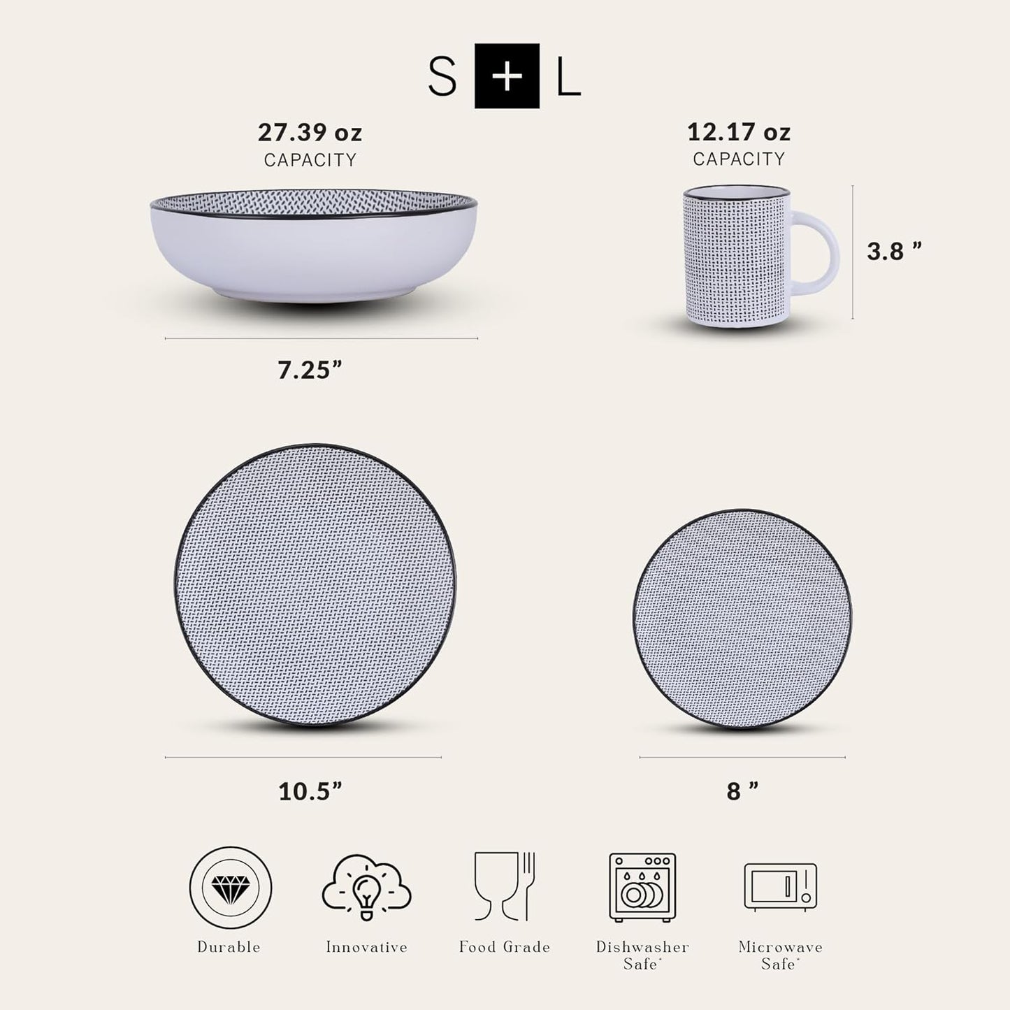 Stone Lain Daisy Stoneware 32-piece Round Dinnerware Set, Daisy - White and Black