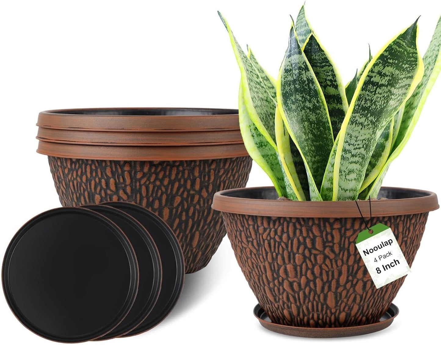 4 Pack Plant Pots Outdoor Indoor, 8 Inch Small Flower Pots with Drainage Hole & Tray, Thickened Plastic Outdoor Planters for Garden House Decor - Pebbles Pattern Design