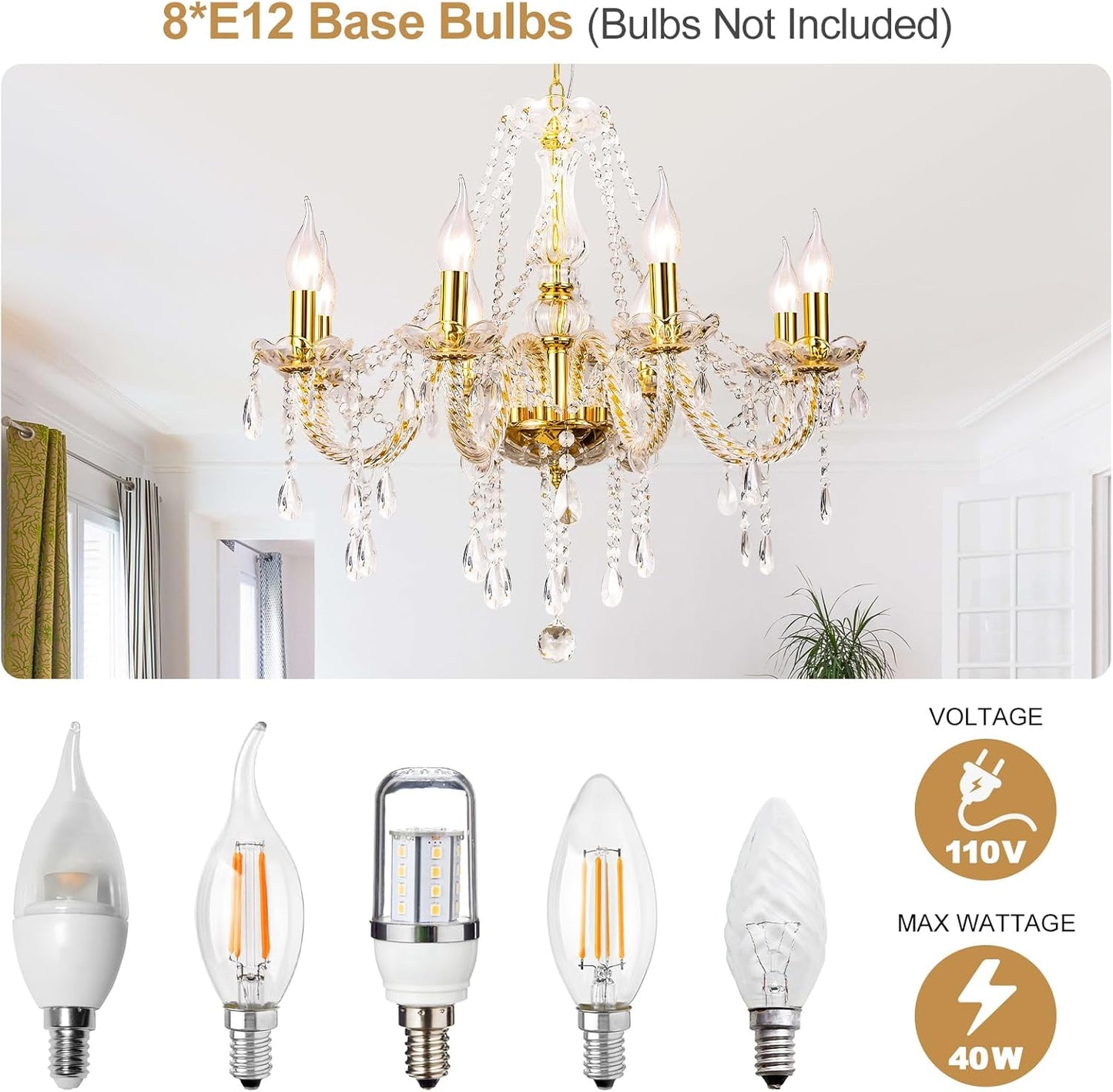Modern Elegant 8 Lights K9 Crystal Glass Chandelier Golden Pendant Ceiling Lighting European Style for Dining Living Room Bedroom Transparent, 8 E12 Bulbs Required