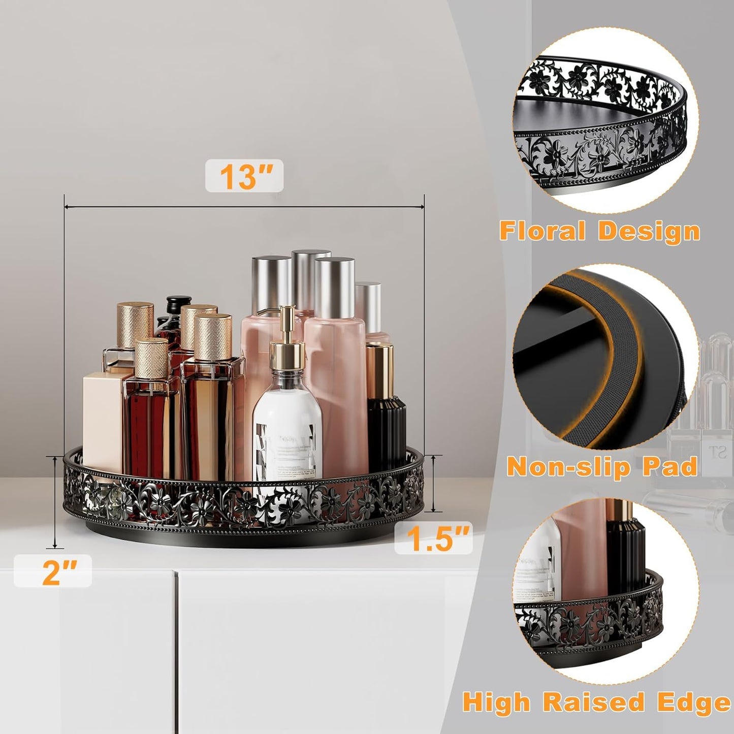 Lazy Susan Turntable Organizer, 13 inch Large Rotating Spice Rack Lazy Susan for Dining Table Top Cabinet Countertop Pantry Kitchen Cupboard Bathroom Black