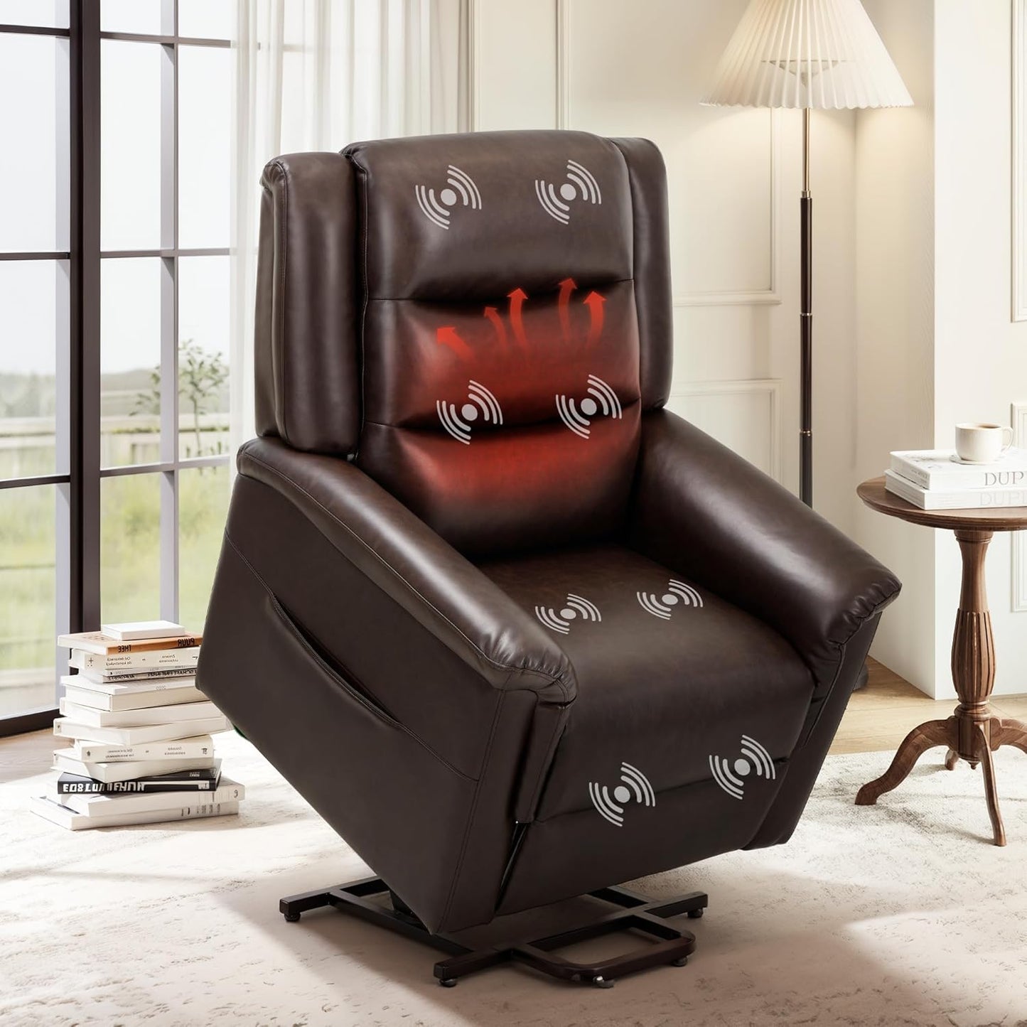 COLAMY PU Leather Power Lift Chair with Massage and Heat,Electric Lift Recliner Chair with Thick Cushioned Padding Backrest for Living Room, Office, Bedroom -Darkbrown