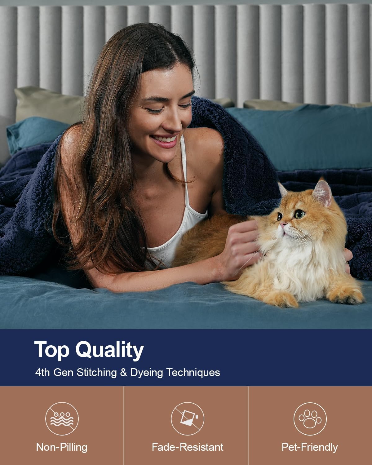 Pawque Super Soft Cozy Throw Blanket Queen Size for Couch Bed, Fluffy Sherpa Fleece Reversible Thick Warm Fuzzy Blanket for All-Season, 3D Checkered Jacquard Decorative Blankets, Navy Blue, 90"x90"