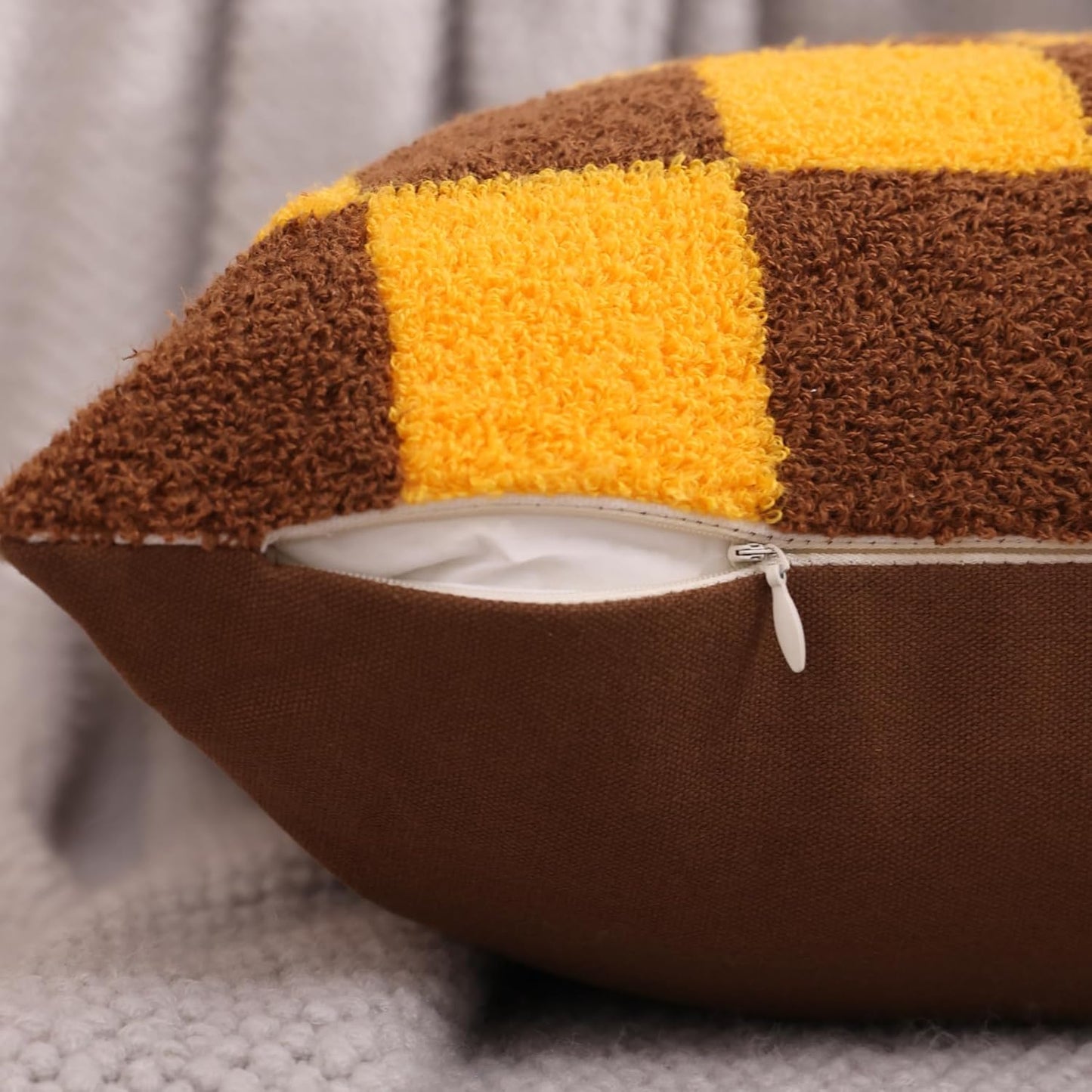 Alysheer Checkered Embroidered Decorative Throw Pillow Covers 18"x 18" Set of 2, Farmhouse Maillard Orange Brown Plaid Tufted Patterned Cotton Canvas Cushion Case for Sofa Couch Bed Living Room