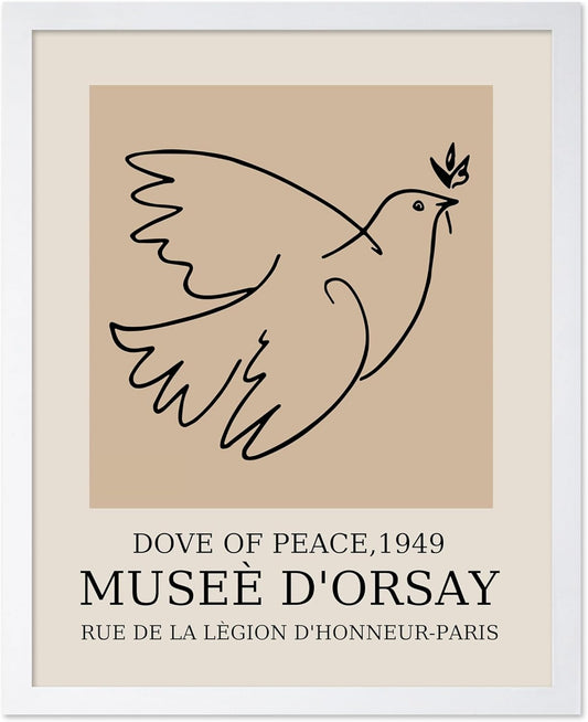 Poster Master Vintage Poster - Retro Minimalist Print - Gift for Artist, Friend - Dove Of Peace, Line Drawing, Sketch, Abstract - Wall Decor for Living Room, Bedroom, 16x20 White Framed