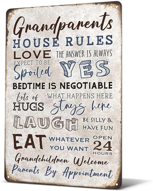 Heuhuww Grandparents Gifts-Vintage Grandparents House Rules Metal Sign for Grandma Grandpa from Grandkids Rustic Farm Home Kitchen Decor 12" x 8"(H19)