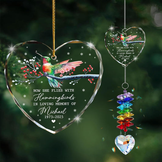 Personalized Memorial Hummingbird Glass Ornament – in Loving Memory of Grandpa – Custom Name, Birth Year & Passing Year – Memorial Christmas Keepsake for Loved One
