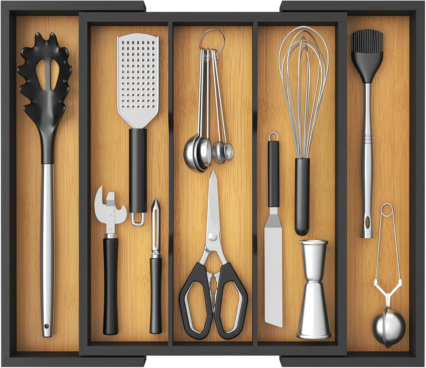 Lifewit Utensil Organizer for Kitchen Drawer, Bamboo Cooking Utensil Tray, Expandable Cutlery Silverware Flatware Holder, Adjustable Spatula Tools Gadgets Storage Divider, Large, Natural and Black