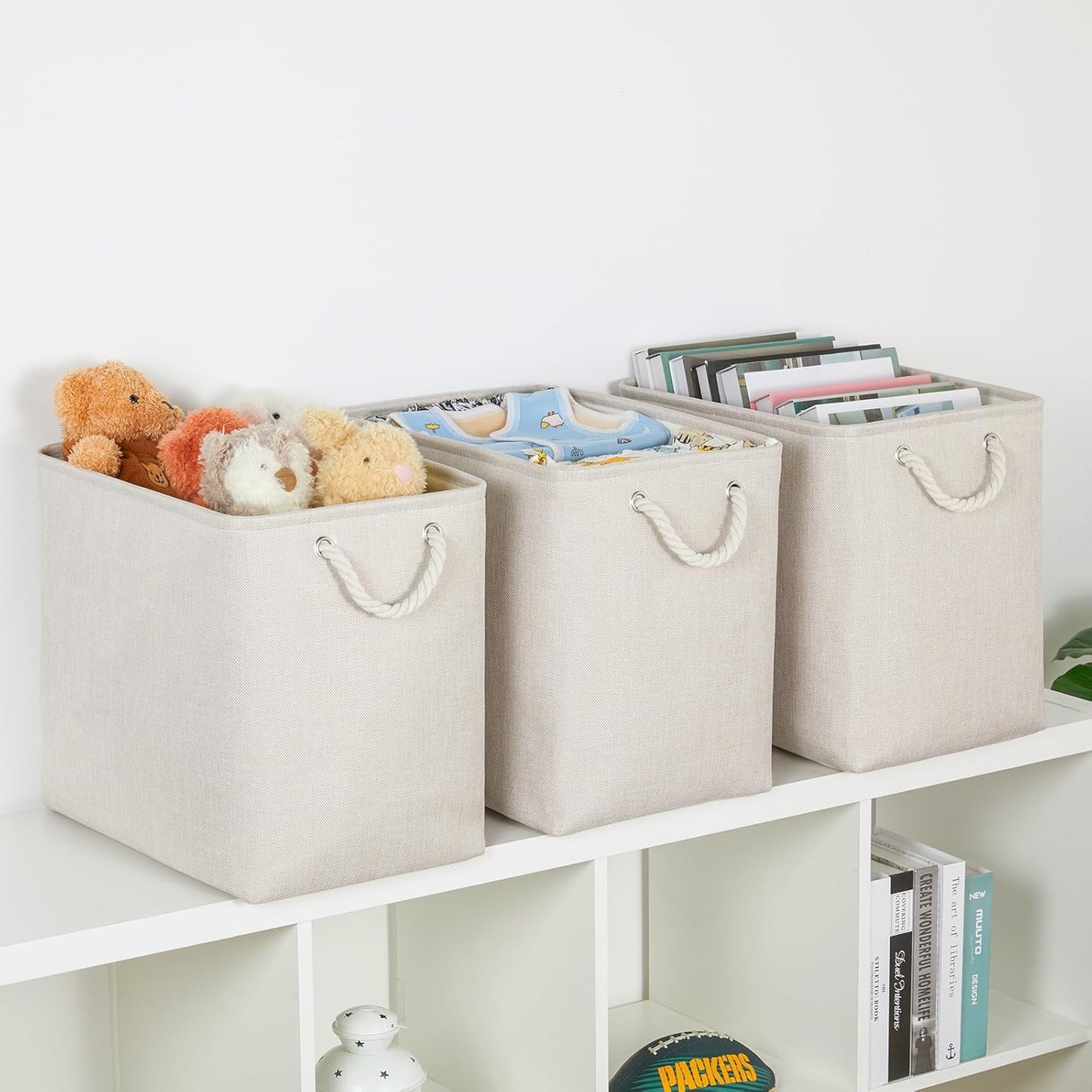 Bidtakay Extra Large Storage Baskets for Organizing Clothes Storage Bins 3 Pack Fabric Storage Bins for Shelves Linen Collapsible Organizer for Closet-Light Biege