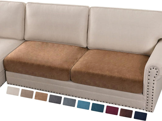 PrinceDeco Velvet Couch Cushion Cover Soft Stretch Cushion Slipcover for Chair Loveseat Sofa Cushion Furniture Protector Seat Cushion Sofa Cover (2 Piece Large Sofa Cushion Covers, Camel)