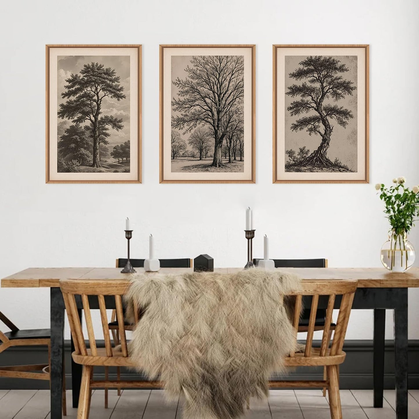 HPINUB Vintage Sketch Tree Framed Canvas Wall Art Set,Modern Nature Botanical Wall Decor, Antique Wilderness Tree Artwork,Minimalist Neutral Art Prints for Living Room,Bedroom,Farmhouse-24 x36 x3