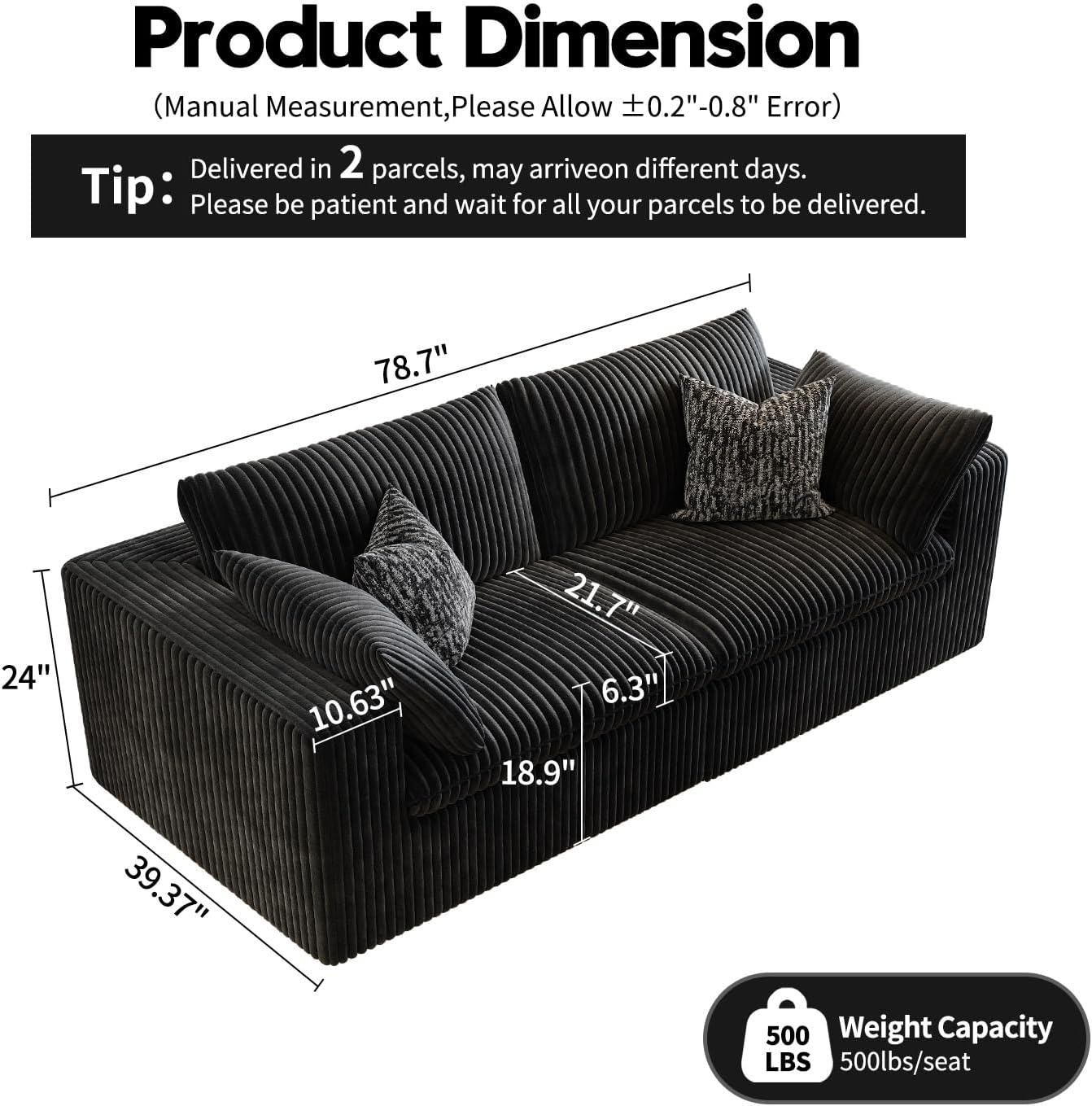 LoveSeat Cloud Couch Modular Sectional Sofa for Living Room,Modern Sofa with Deep Seat，2 Seater Boneless Couch,Comfy Upholstered Corduroy Couches for Apartment, Studio, Office,Bedroom，Black