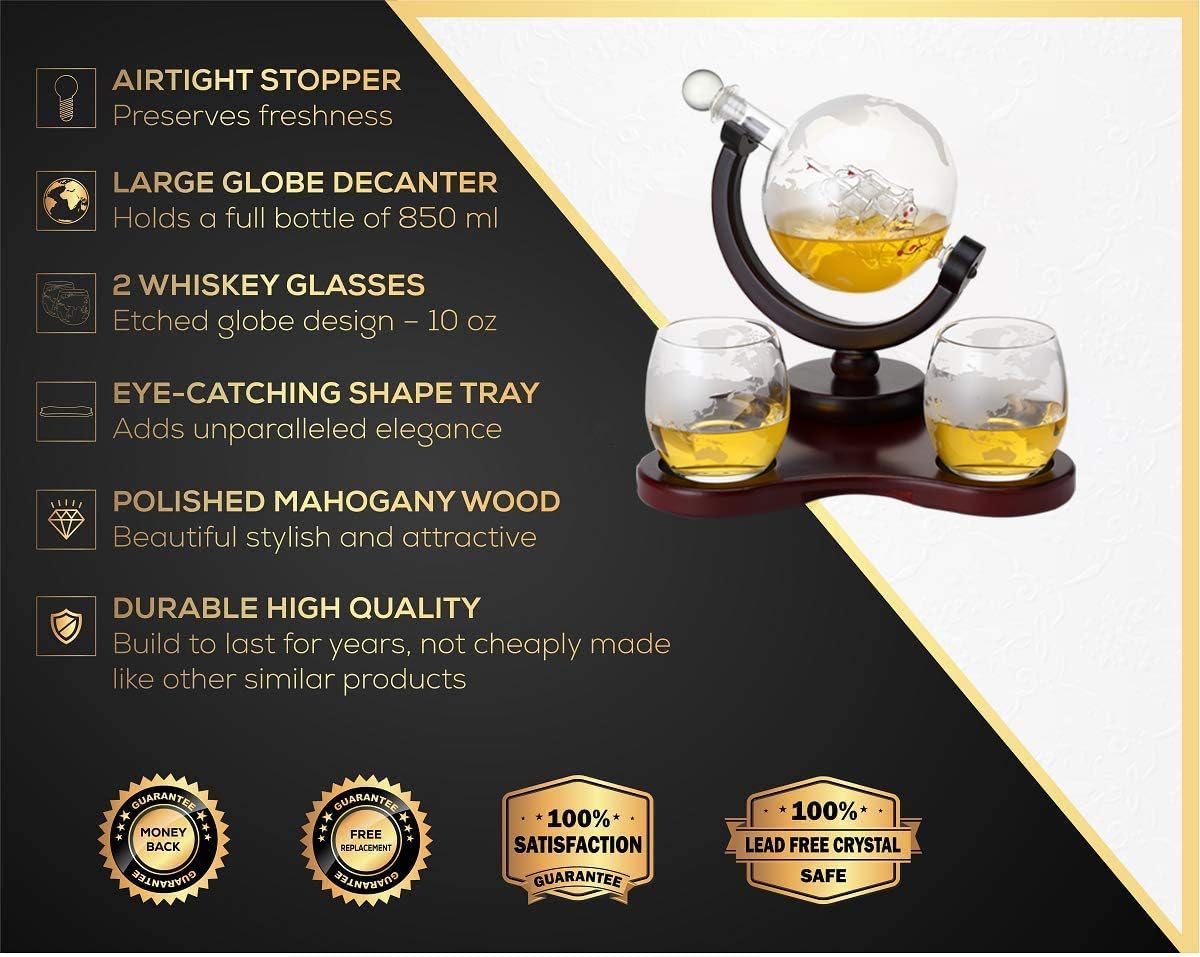 Whiskey Globe Decanter Set with 2 Glasses in Gift Box - Whiskey decanter for Liquor, Whiskey, Brandy, Gin, Rum, Tequila, Vodka, and Brandy - Home Bar Accessories for Men and Women