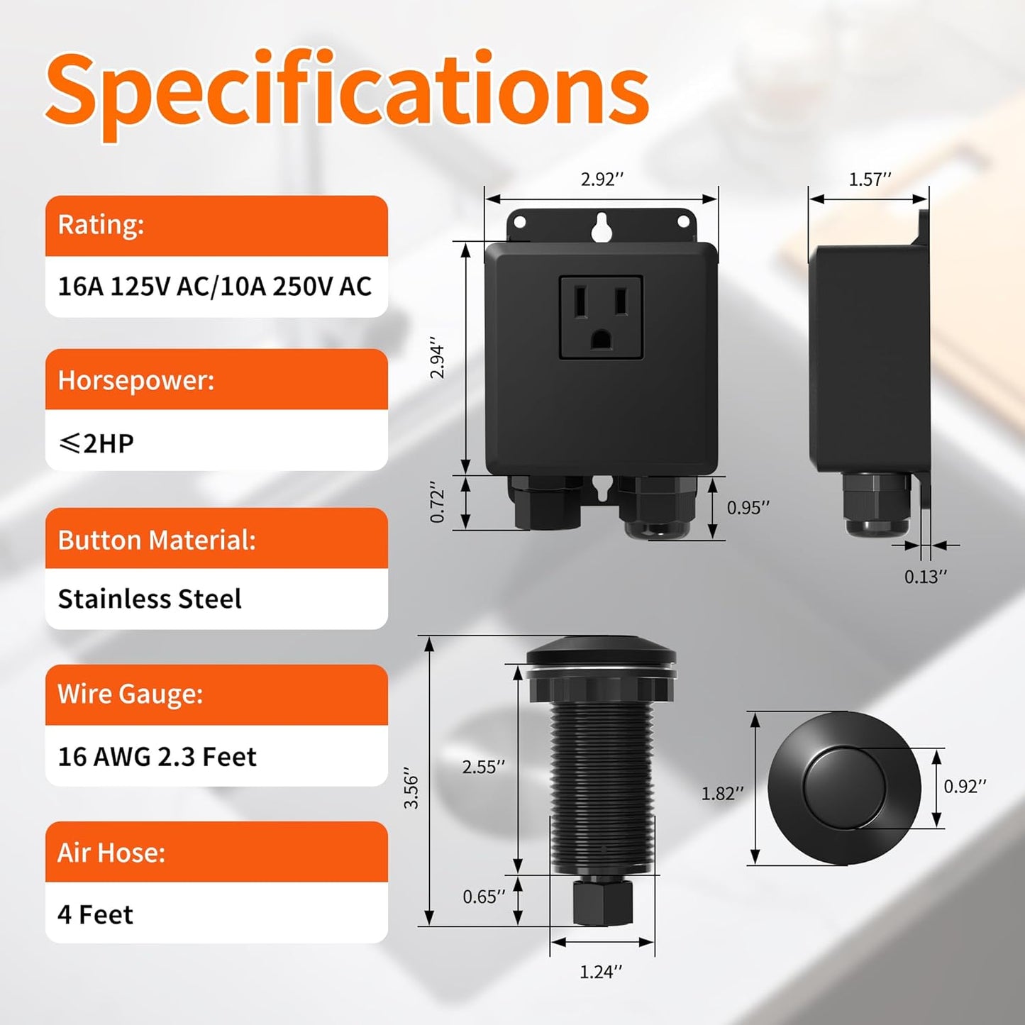 Joinfworld Garbage Disposal Air Switch Kit Waterproof Garbage Disposal Button Kit with Long Garbage Disposal Switch Matte Black - UL Listed