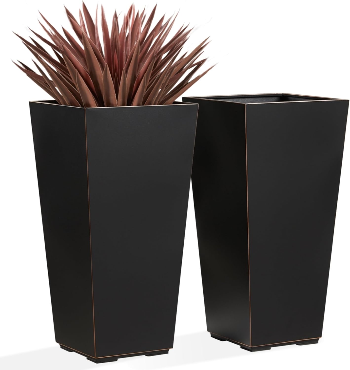 Metallic Taper Planter, 26 Inch Tall Tapered Planter for Front Porch, Patio, Deck, Garden Indoor/Outdoor Tree Planters, Set of 2 Black with Copper Hand Brushed Rim