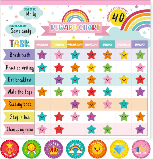 Reward Chart for Kids,Magnetic Behavior Chore Chart for Kids at Home,26 Rainbow White Chore Charts,1960 Star Stickers,56 Reward Stickers,Incentive Chore Chart to Develop Responsibility and Good Habits