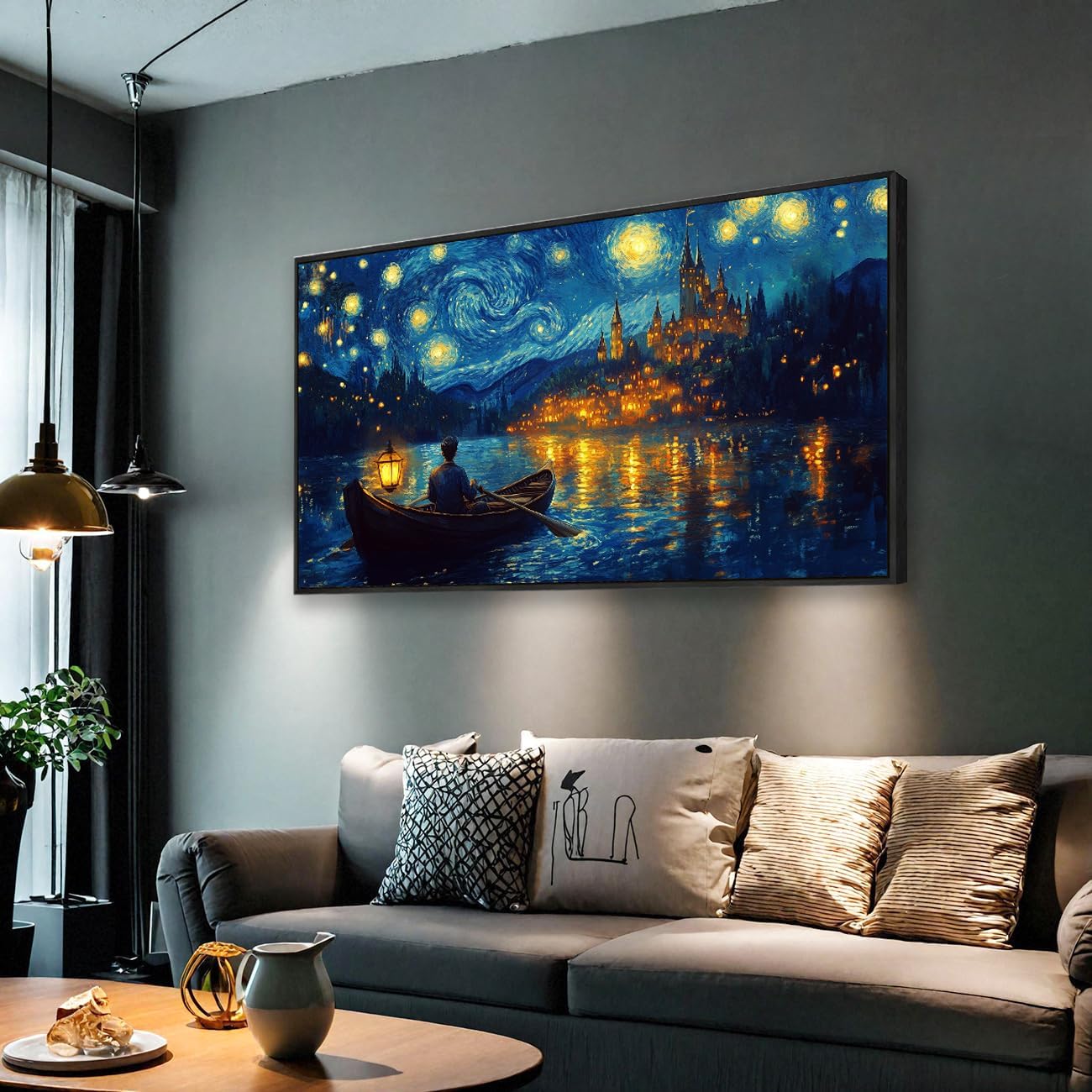 Wall Art Canvas Print Starry Night Over the Rhone by Van Gogh 20 x 40 inches Framed Home Artwork Decor Canvas Art Painting Living Room for Bedroom Office Wall Decor