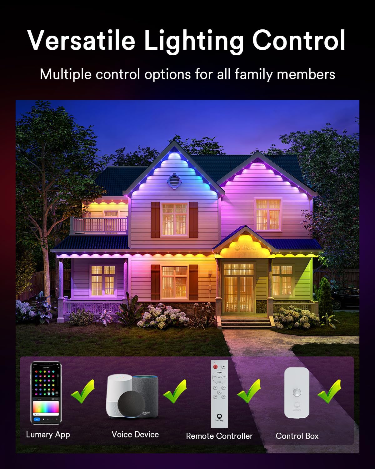 Lumary Permanent Outdoor Lights Max, 105ft with 80 LED Eave Lights 4800LM, RGBAICW Smart Outdoor Lighting IP67 Waterproof, Scene Modes for Daily and Accent Lighting, Works with Alexa/Google Assistant