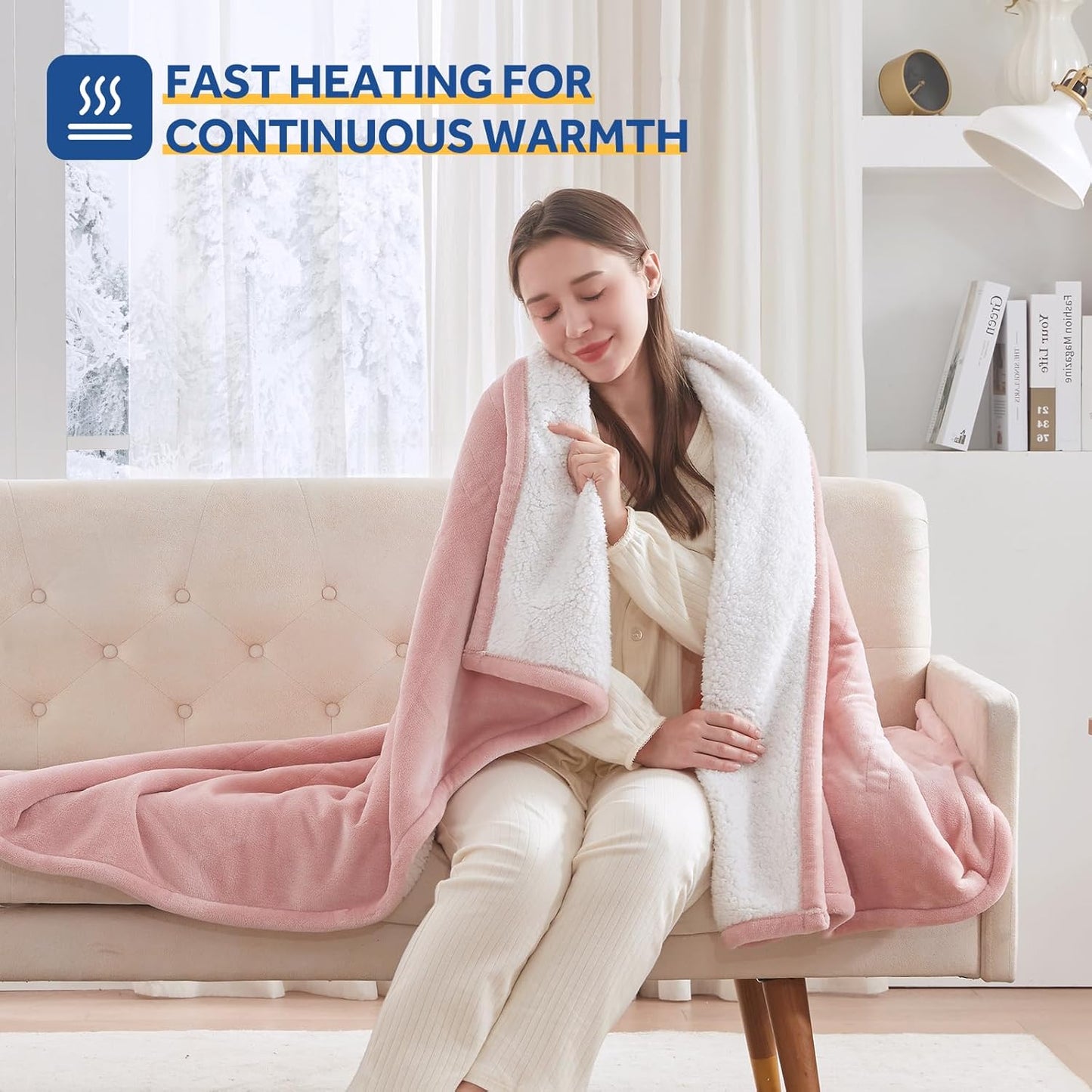 Sealy Electric Blanket Throw Size 50"*60",Super Cozy Flannel to Sherpa Reversible Heated Blanket Throw with 6 Heating Levels & 2-10 Hours Auto Off Overheating Protection Machine Washable,Pink