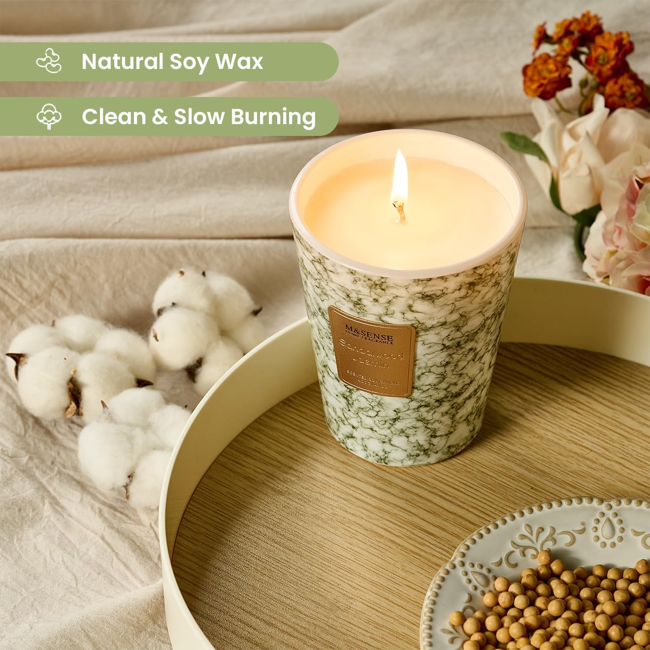 M&SENSE SandalWood Jasmine Scented Candles for Home, Lead-free Wick Highly Scented Jar Candles, 14.1 Oz 80 Hours Lasting Burning Candles Gifts for Women, Relaxing Aromatherapy Candle for Stress Relief