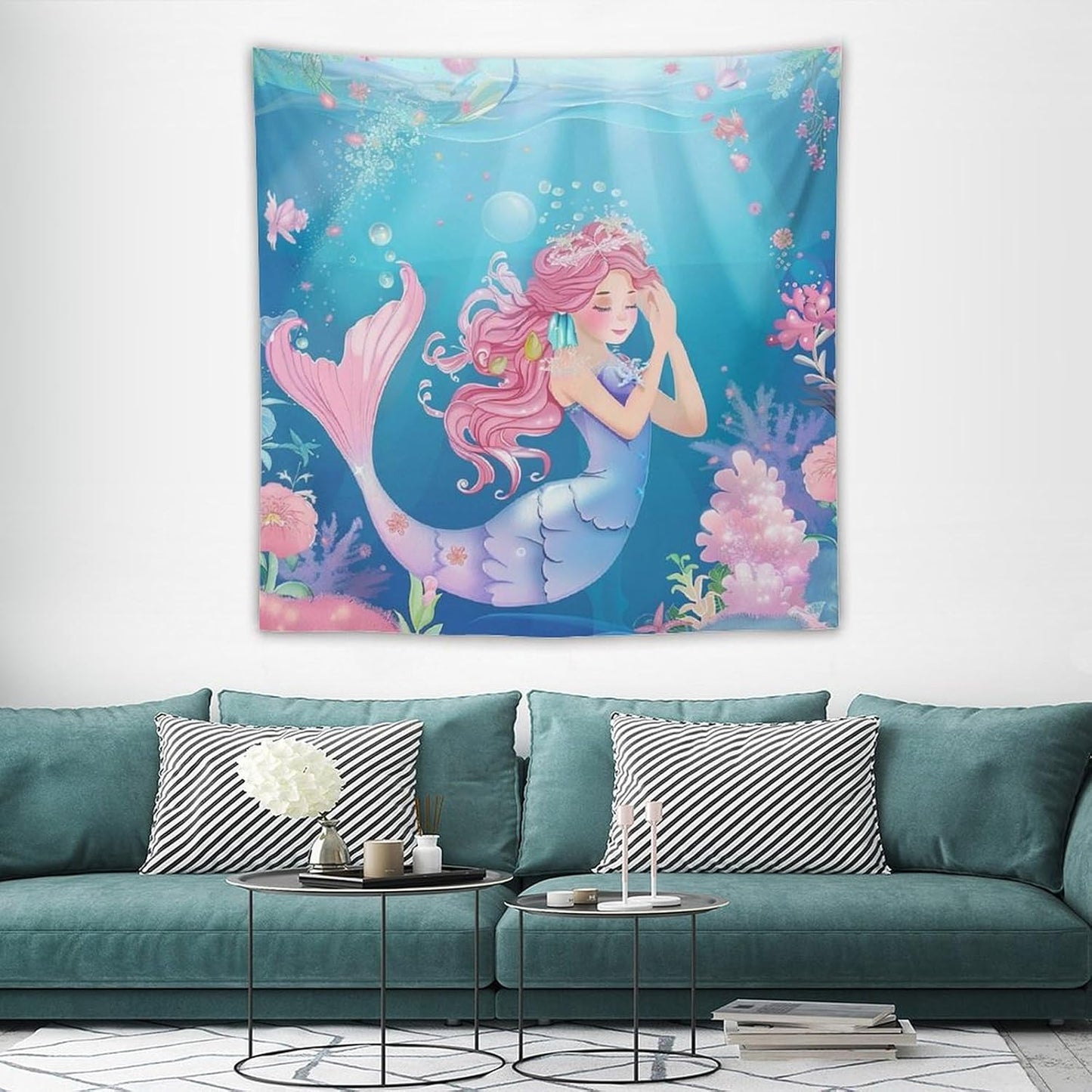 HZOHNAGO Mermaid Girls Tapestry Watercolor Flowers Mermaid Princess Blessing Pattern for Kids Room Decoration Printed Wall Tapestry Wall Hanging for Bedroom Living Room Dorm 60" W x 60" H