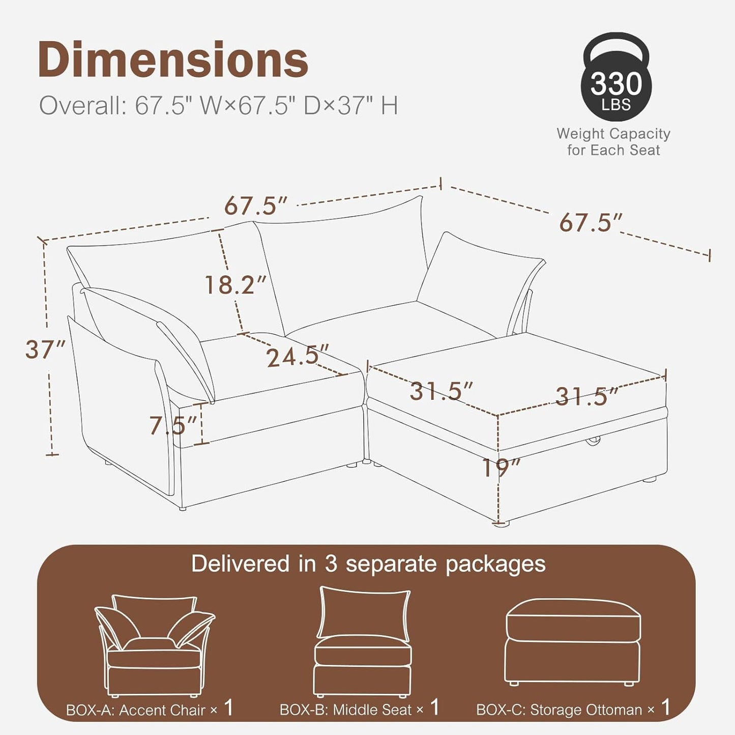 Luxury Modular Sectional Sofa, L-Shaped 3-Seat Couch with Storage Ottoman Deep Seat & Reversible Chaise Lounge Chenille Terracotta Orange for Compact Spaces, Apartments, Dorm