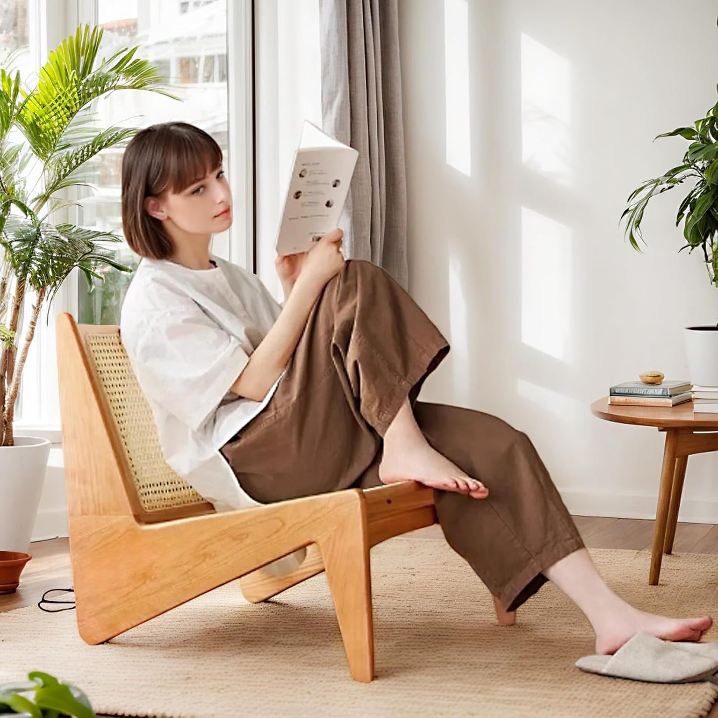 Rattan Accent Chair for Living Room, Mid Century Side Chair, Comfy Bamboo Chairs for Bedroom Reading Room, Wood