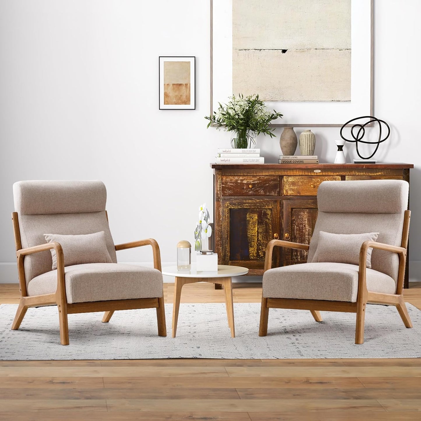 INZOY Mid Century Modern Accent Chair Set of 2, High Back Reading Armchair with Wood Frame, Upholstered Living Room Chairs with Waist Cushion, Single Lounge Arm Chair for Bedroom Sunroom, Beige